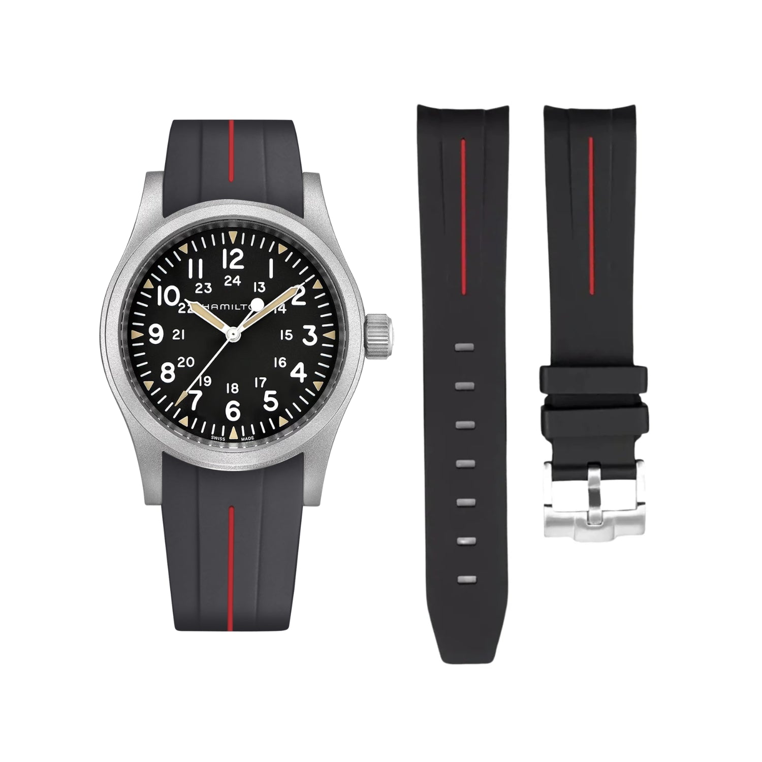 Rubber Strap – For Hamilton Khaki Field - Black with Red LuxLine®