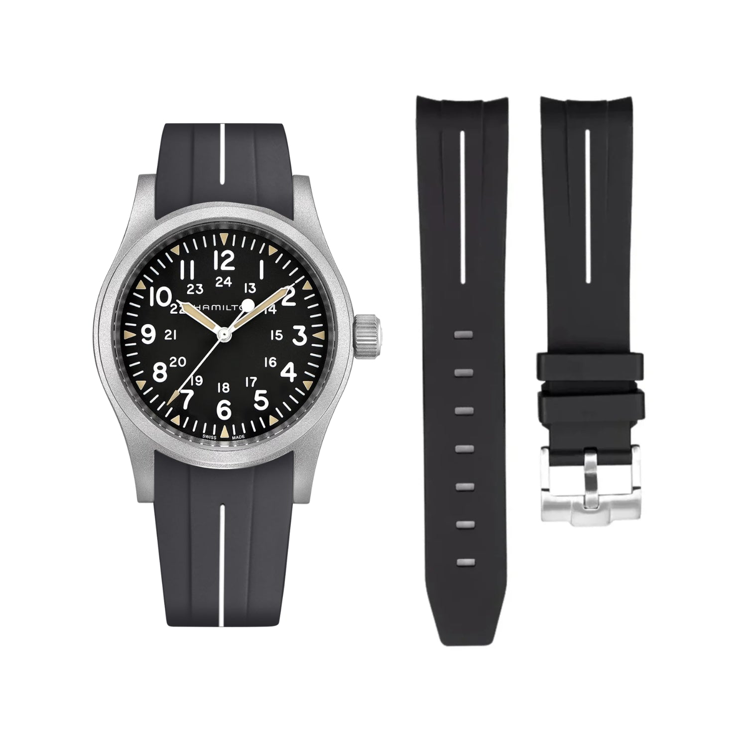 Rubber Strap – For Hamilton Khaki Field - Black with White LuxLine®