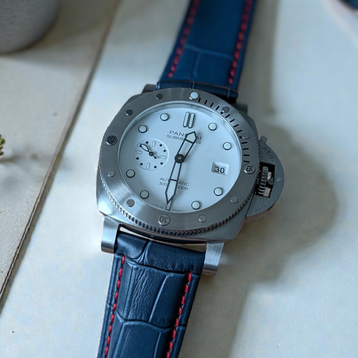 Leather Pattern Strap - For Panerai - Blue/Red