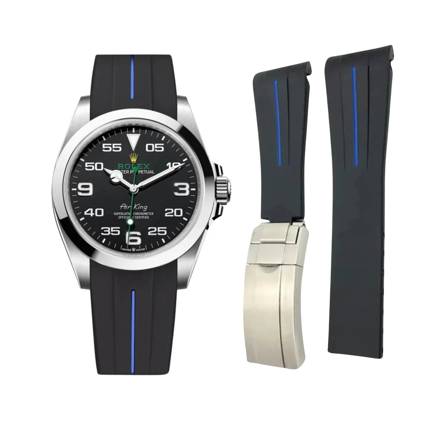 Deployant Rubber Strap - For Rolex Air - King 126900/116900 - Black/Blue | LuxLine® - Helvetus