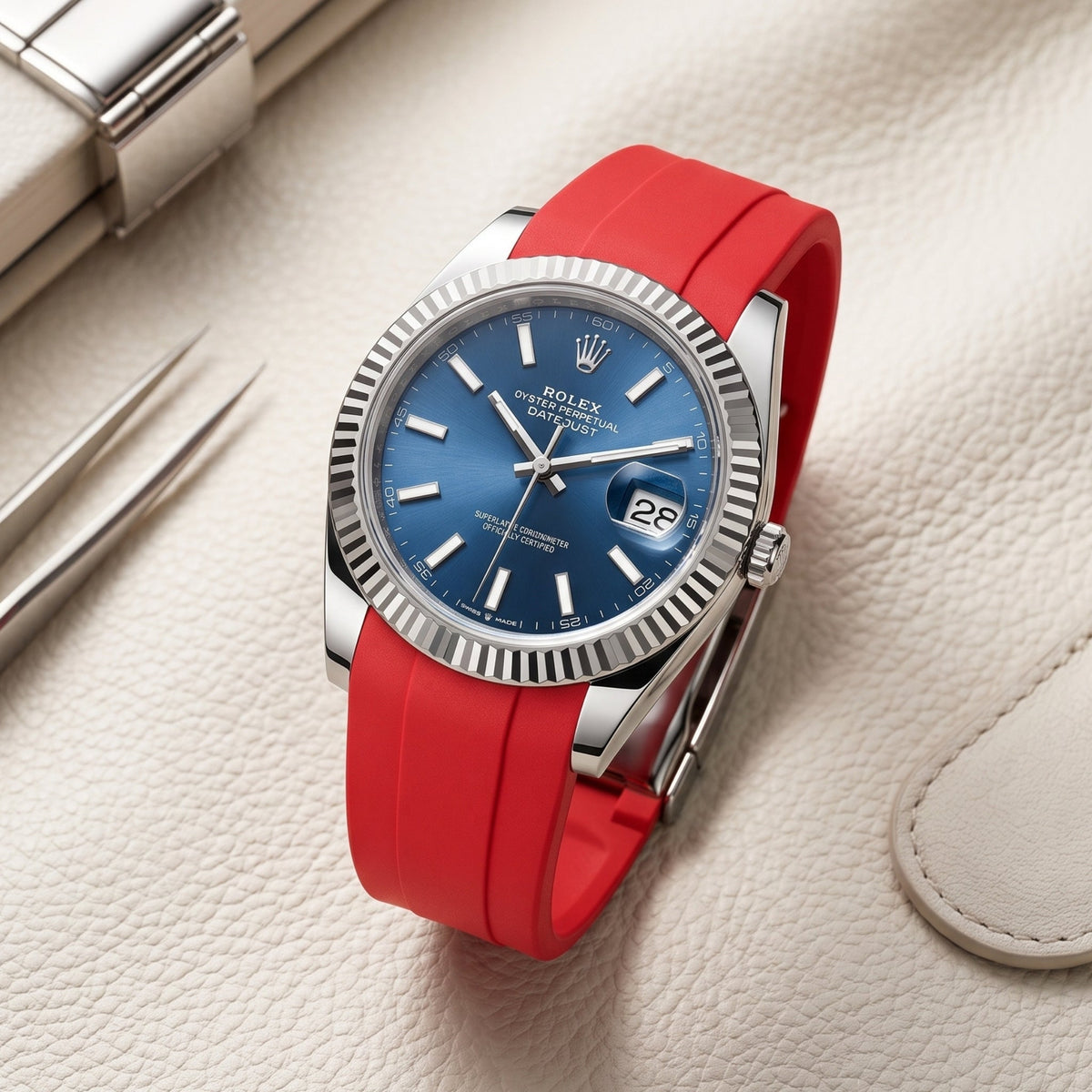 Deployant Rubber Strap - For Rolex Datejust 41mm - Red - Helvetus