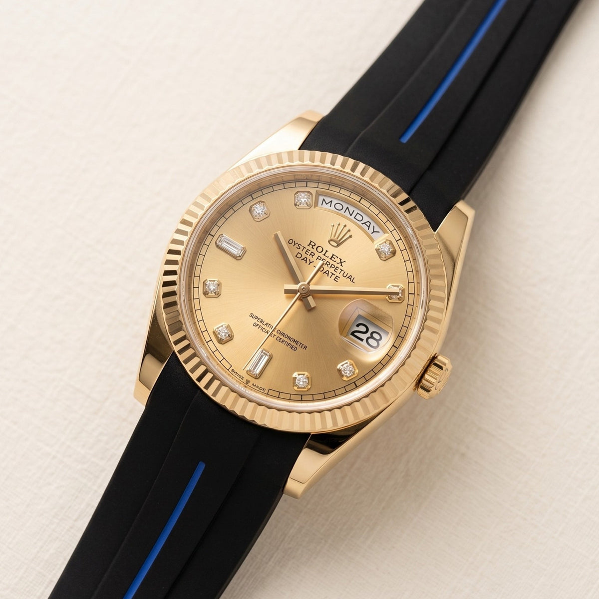 Deployant Rubber Strap - For Rolex Day-Date 36mm - Black w/Blue Line | LuxLine® - Helvetus
