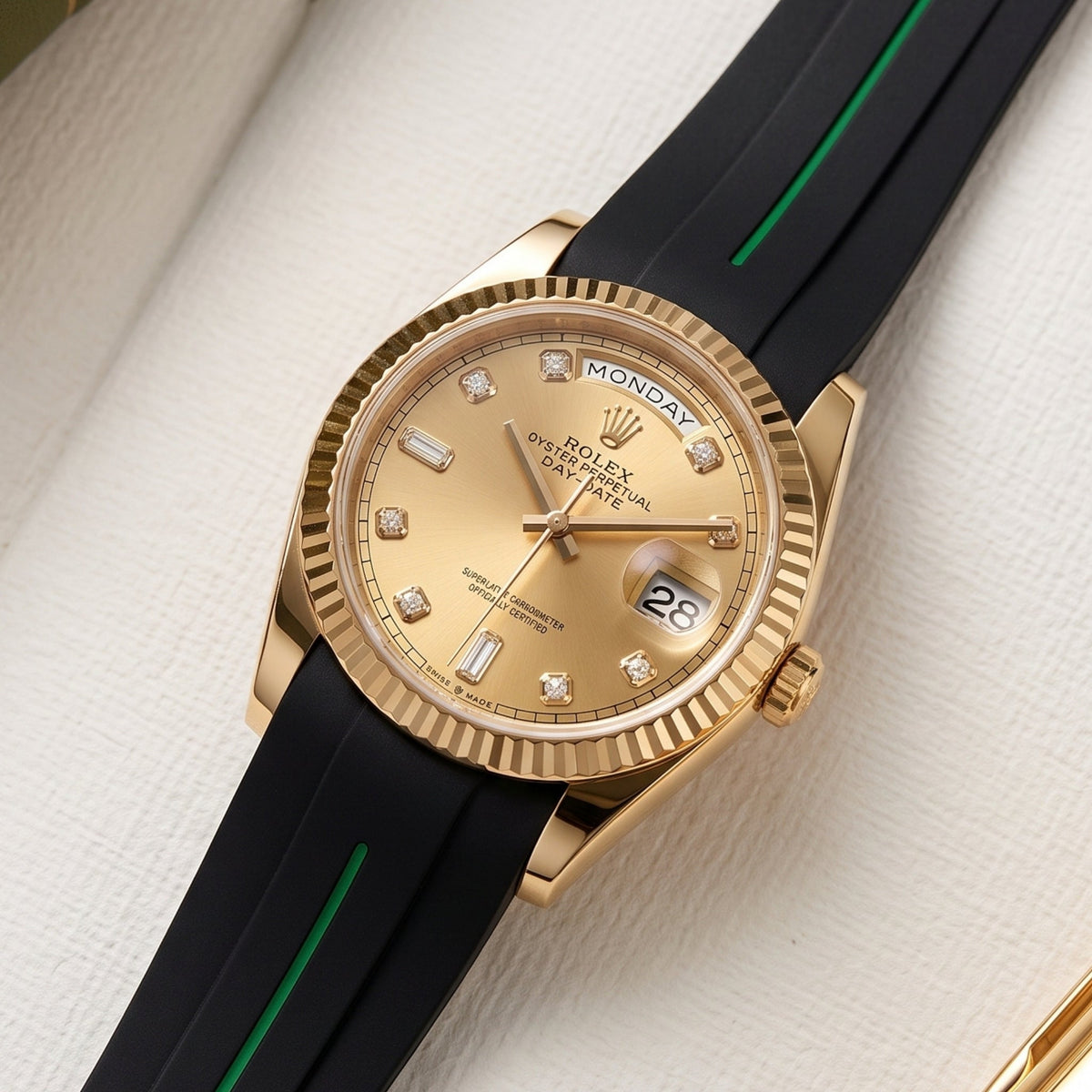 Deployant Rubber Strap - For Rolex Day-Date 36mm - Black w/Green Line | LuxLine® - Helvetus