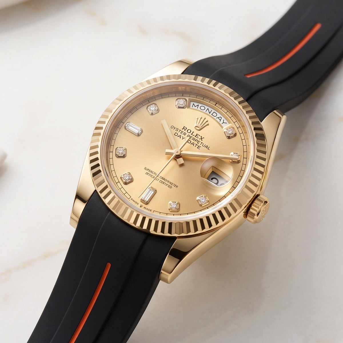 Deployant Rubber Strap - For Rolex Day-Date 36mm - Black w/Orange Line | LuxLine® - Helvetus
