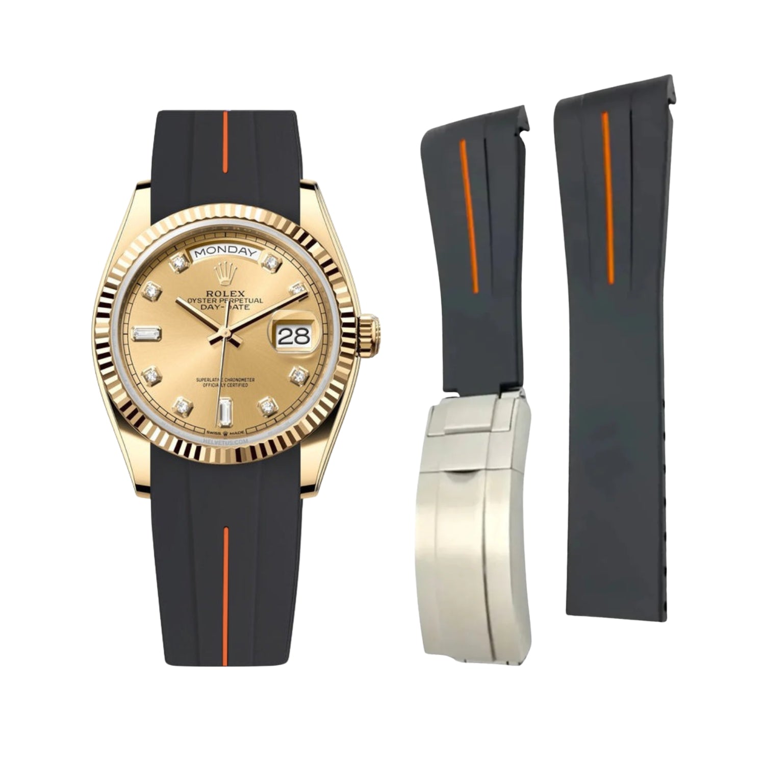 Deployant Rubber Strap - For Rolex Day - Date 36mm - Black w/Orange Line | LuxLine® - Helvetus