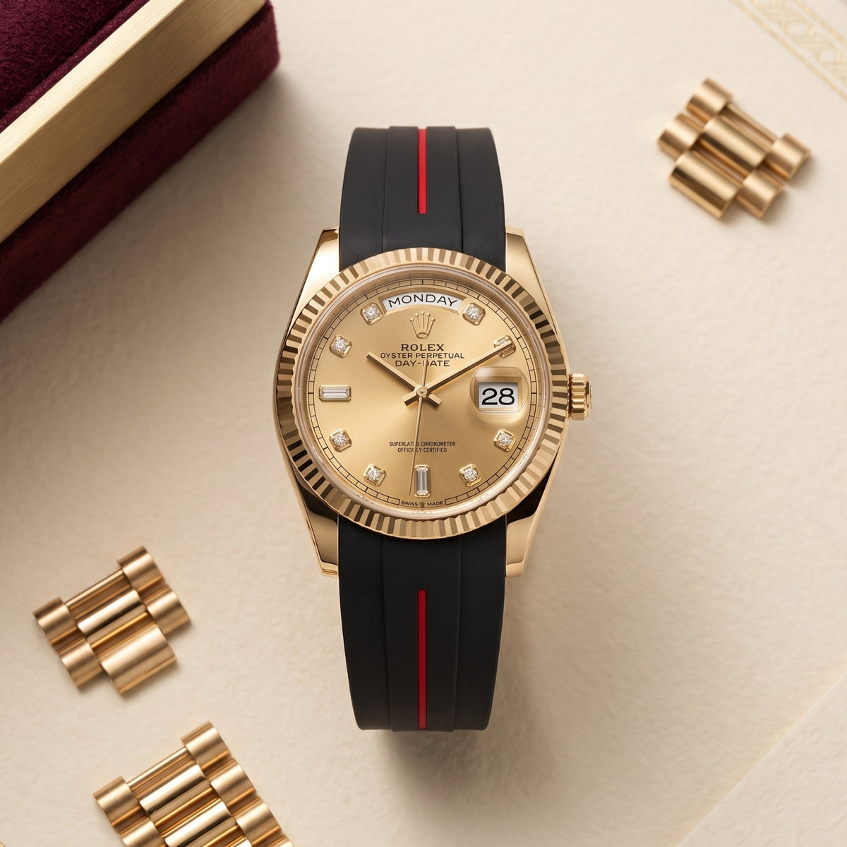 Deployant Rubber Strap - For Rolex Day-Date 36mm - Black w/Red Line | LuxLine® - Helvetus