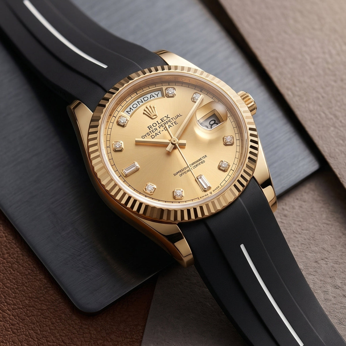 Deployant Rubber Strap - For Rolex Day-Date 36mm - Black w/White Line | LuxLine® - Helvetus