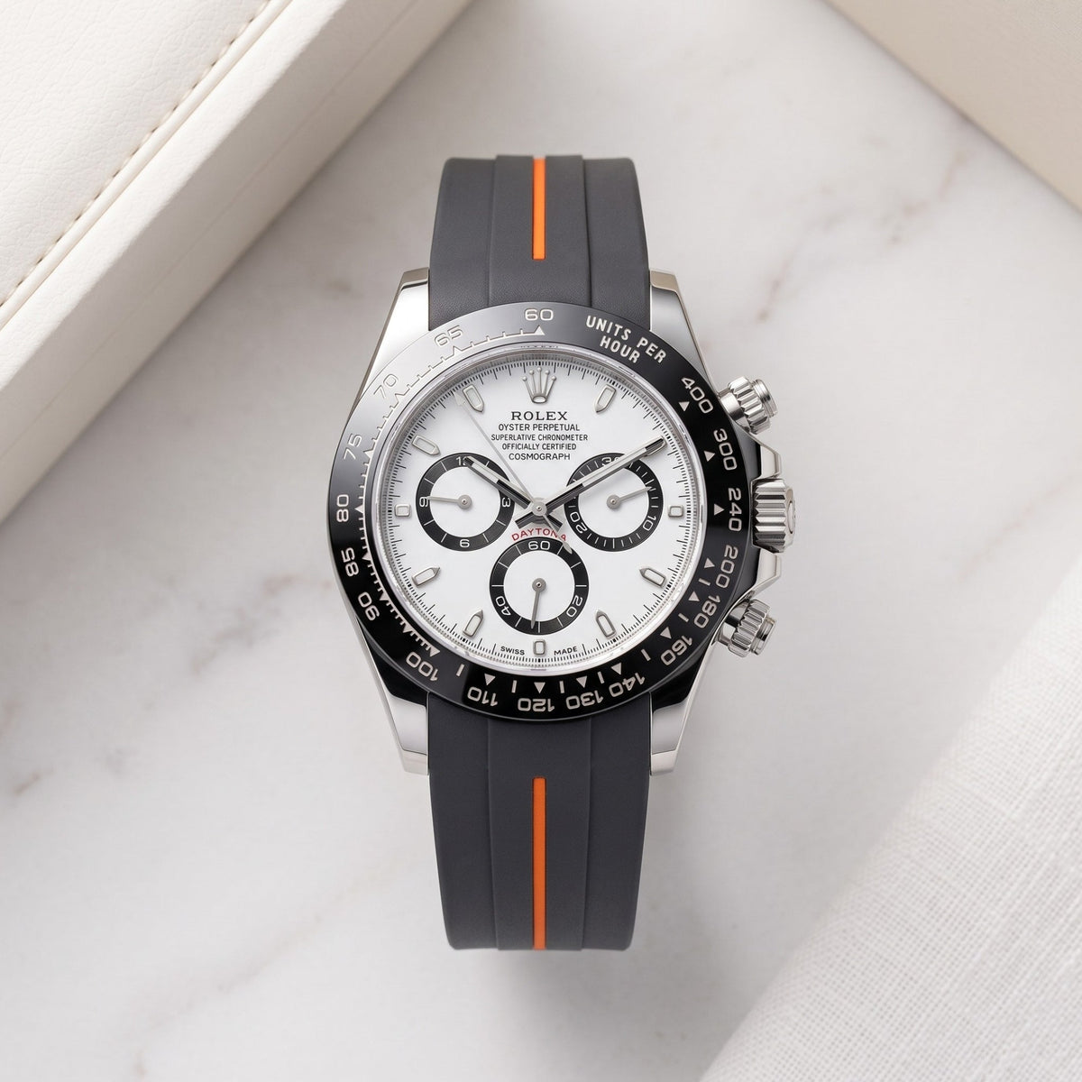 Deployant Rubber Strap - For Rolex Daytona - Black w/Orange Line | LuxLine® - Helvetus