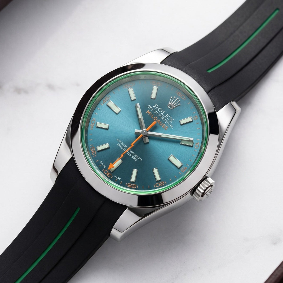 Deployant Rubber Strap - For Rolex Milgauss - Black w/Green Line | LuxLine® - Helvetus