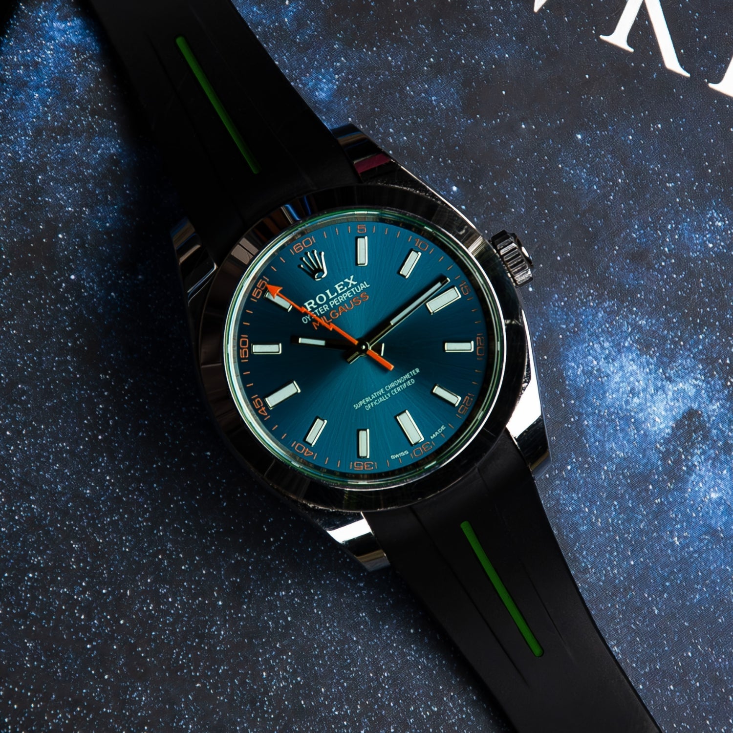 Deployant Rubber Strap - For Rolex Milgauss - Black w/Green Line | LuxLine® - Helvetus