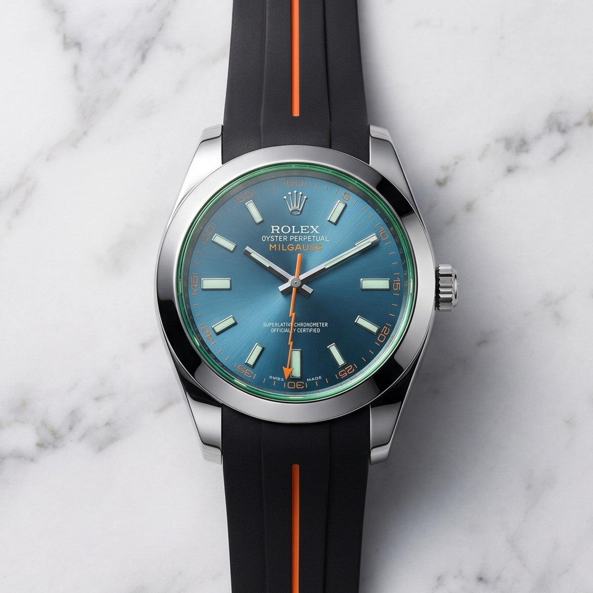 Deployant Rubber Strap - For Rolex Milgauss - Black w/Orange Line | LuxLine® - Helvetus