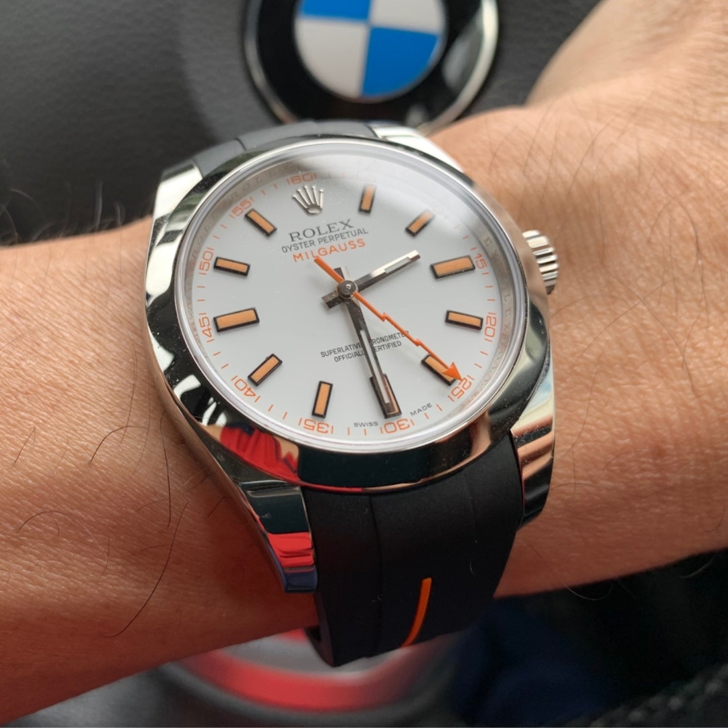 Deployant Rubber Strap - For Rolex Milgauss - Black w/Orange Line | LuxLine® - Helvetus