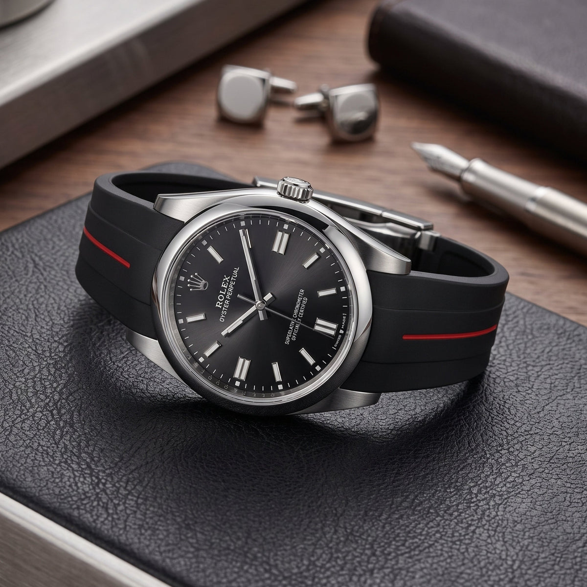 Deployant Rubber Strap - For Rolex Oyster Perpetual 36mm - Black w/Red Line | LuxLine® - Helvetus