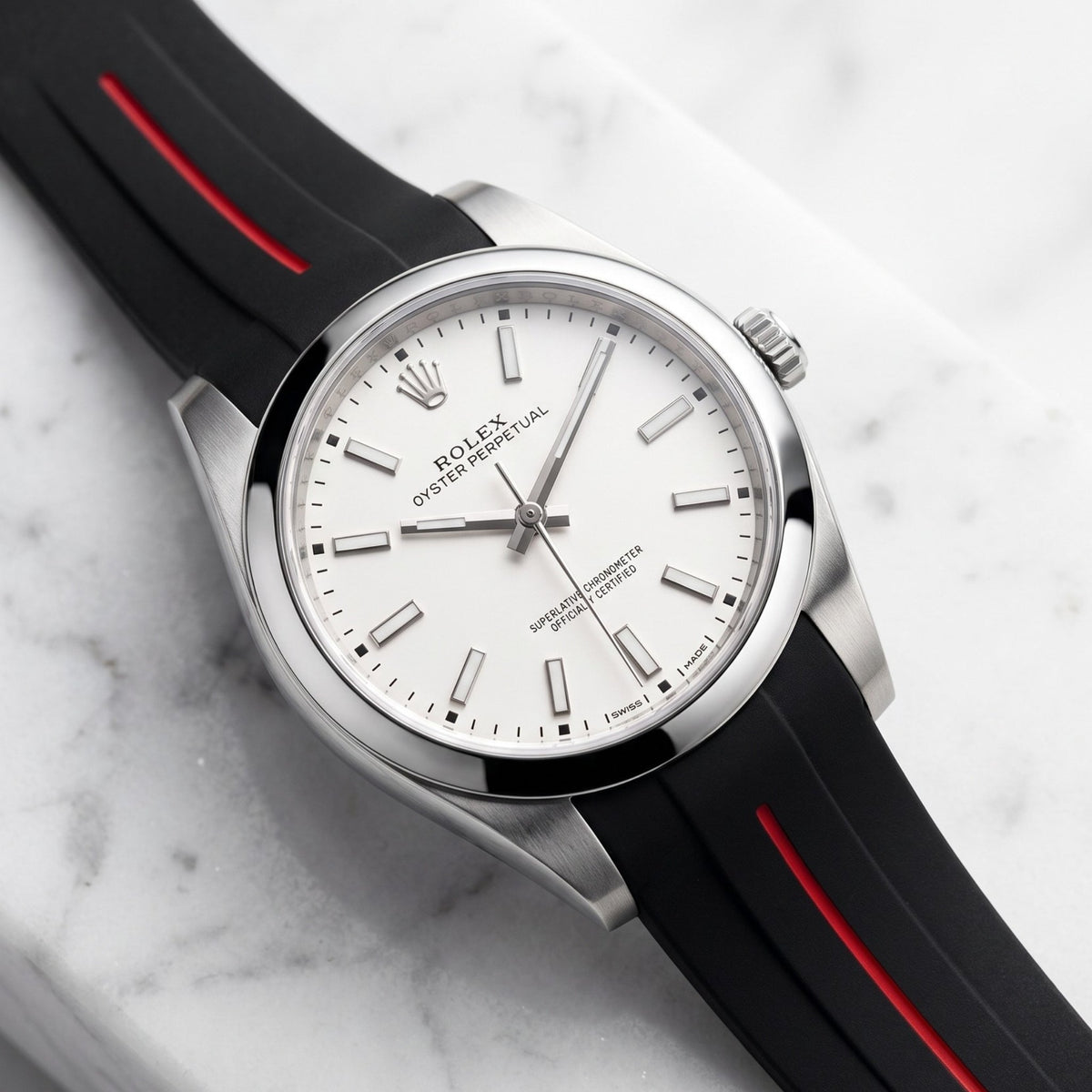 Deployant Rubber Strap - For Rolex Oyster Perpetual 39mm - Black w/Red Line | LuxLine® - Helvetus