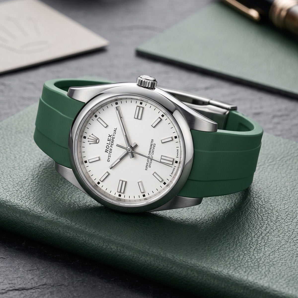 Deployant Rubber Strap - For Rolex Oyster Perpetual 39mm - Green - Helvetus