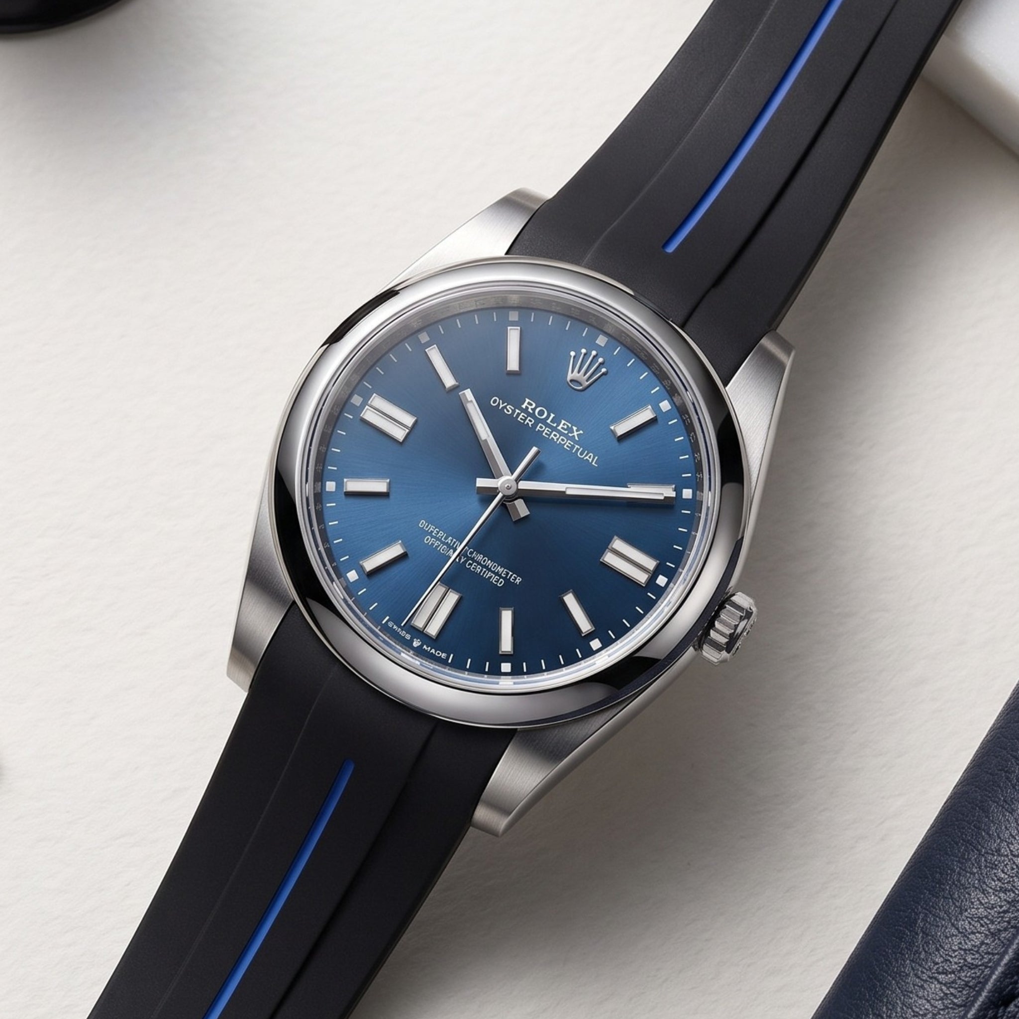 Deployant Rubber Strap - For Rolex Oyster Perpetual 41mm - Black w/Blue Line | LuxLine® - Helvetus