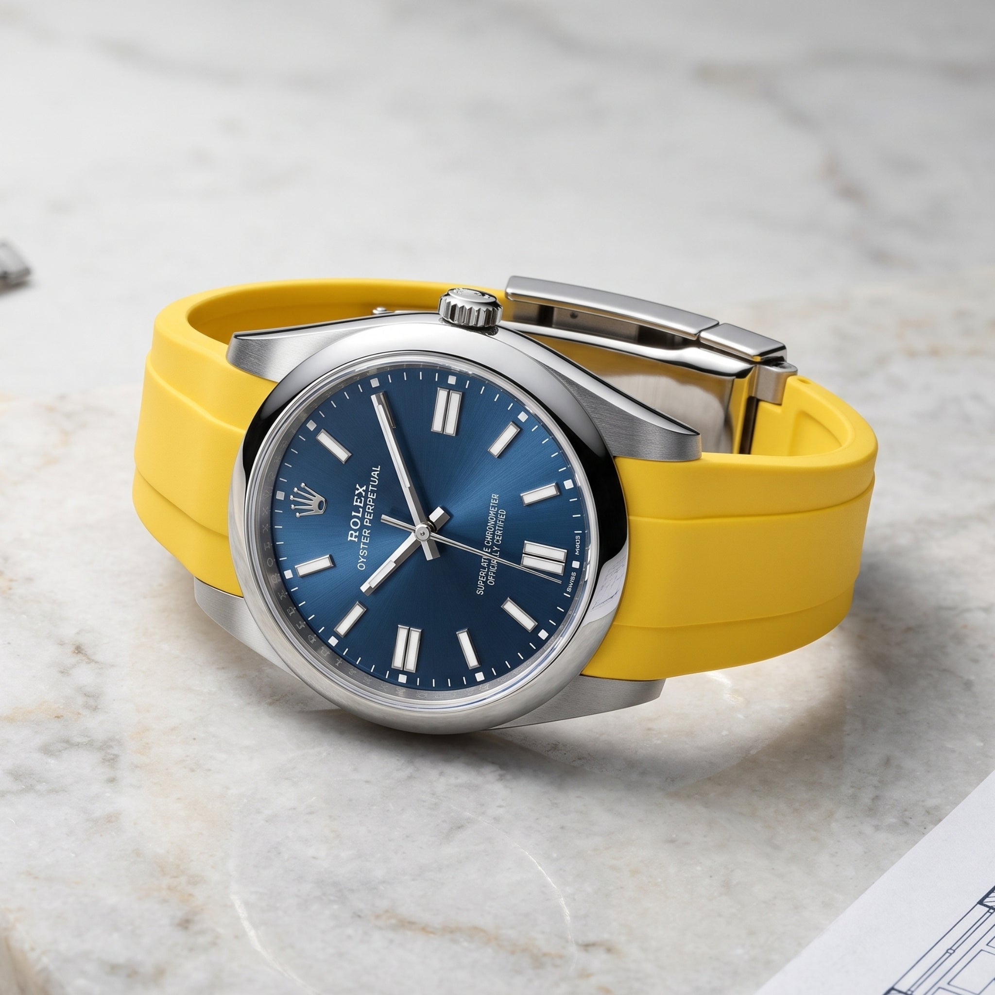 Deployant Rubber Strap - For Rolex Oyster Perpetual 41mm - Yellow - Helvetus