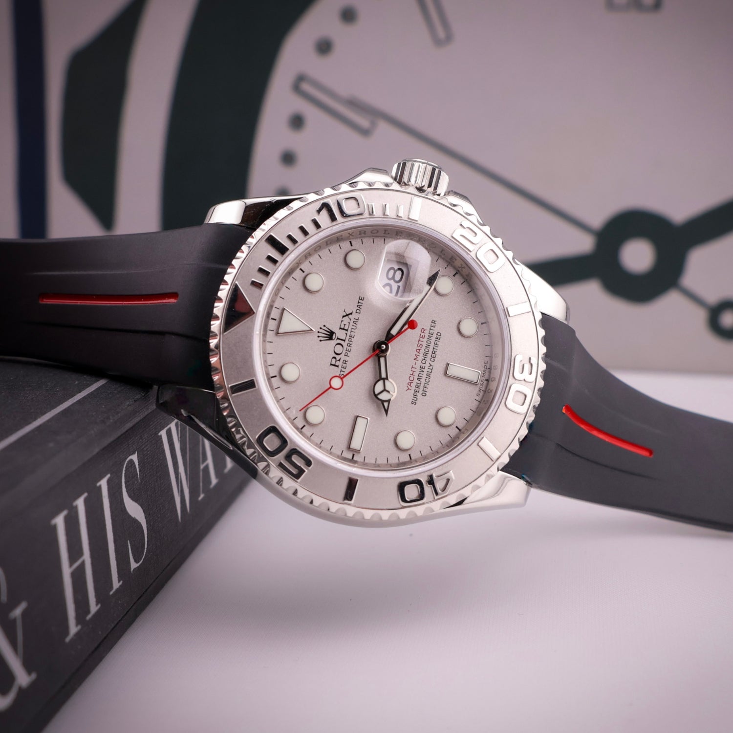 Deployant Rubber Strap - For Rolex Yacht - Master 40mm/42mm - Black w/Red Line | LuxLine® - Helvetus