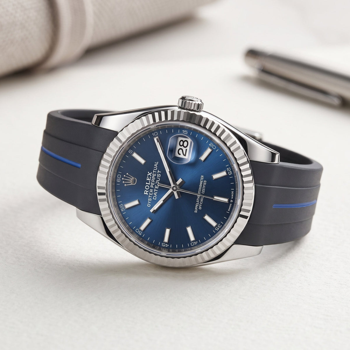 Deployant Strap - For Rolex Datejust 36 - Black w/Blue Line | LuxLine® - Helvetus