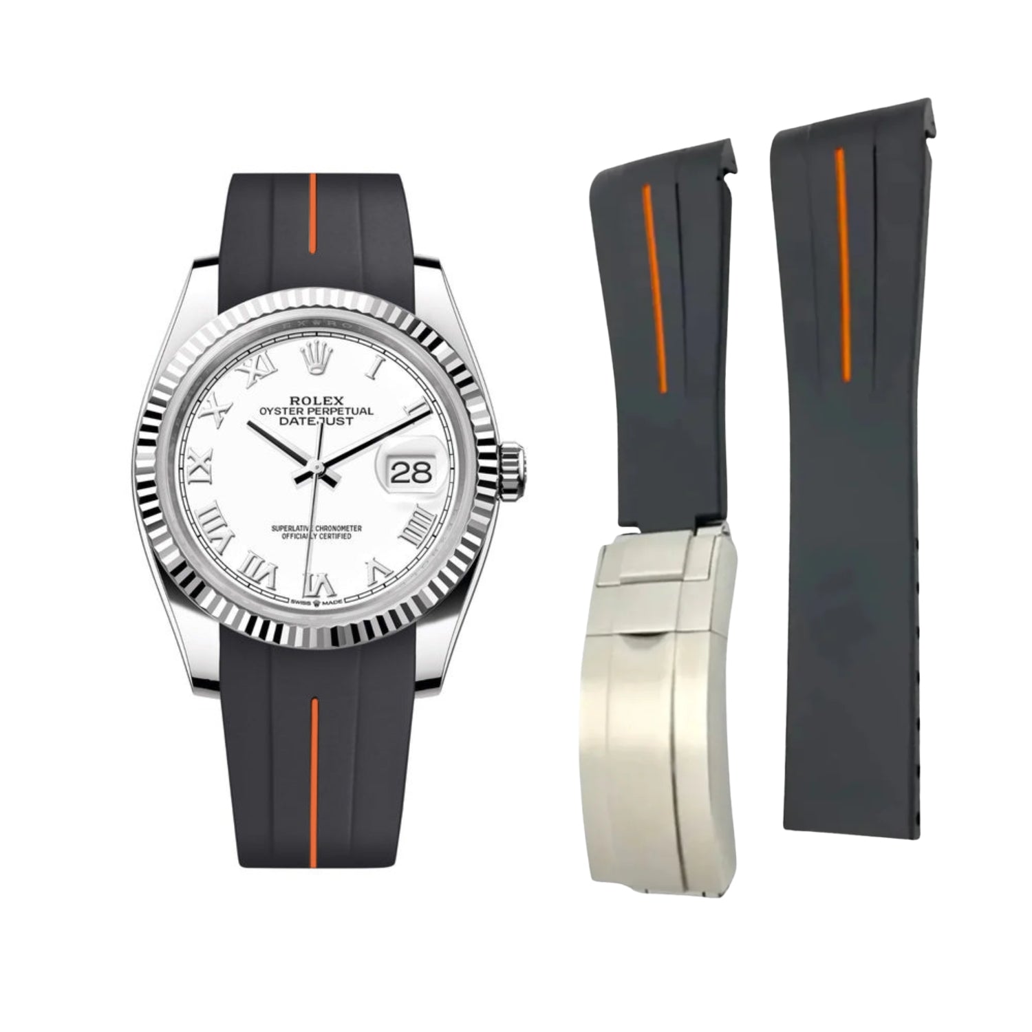 Deployant Strap - For Rolex Datejust 36 - Black w/Orange Line | LuxLine® - Helvetus