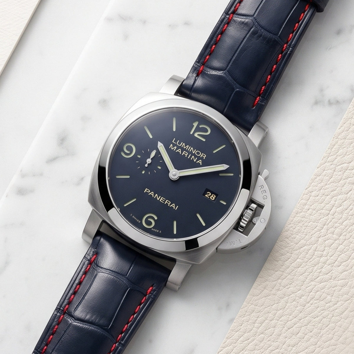 Leather Pattern Strap - For Panerai - Blue/Red - Helvetus