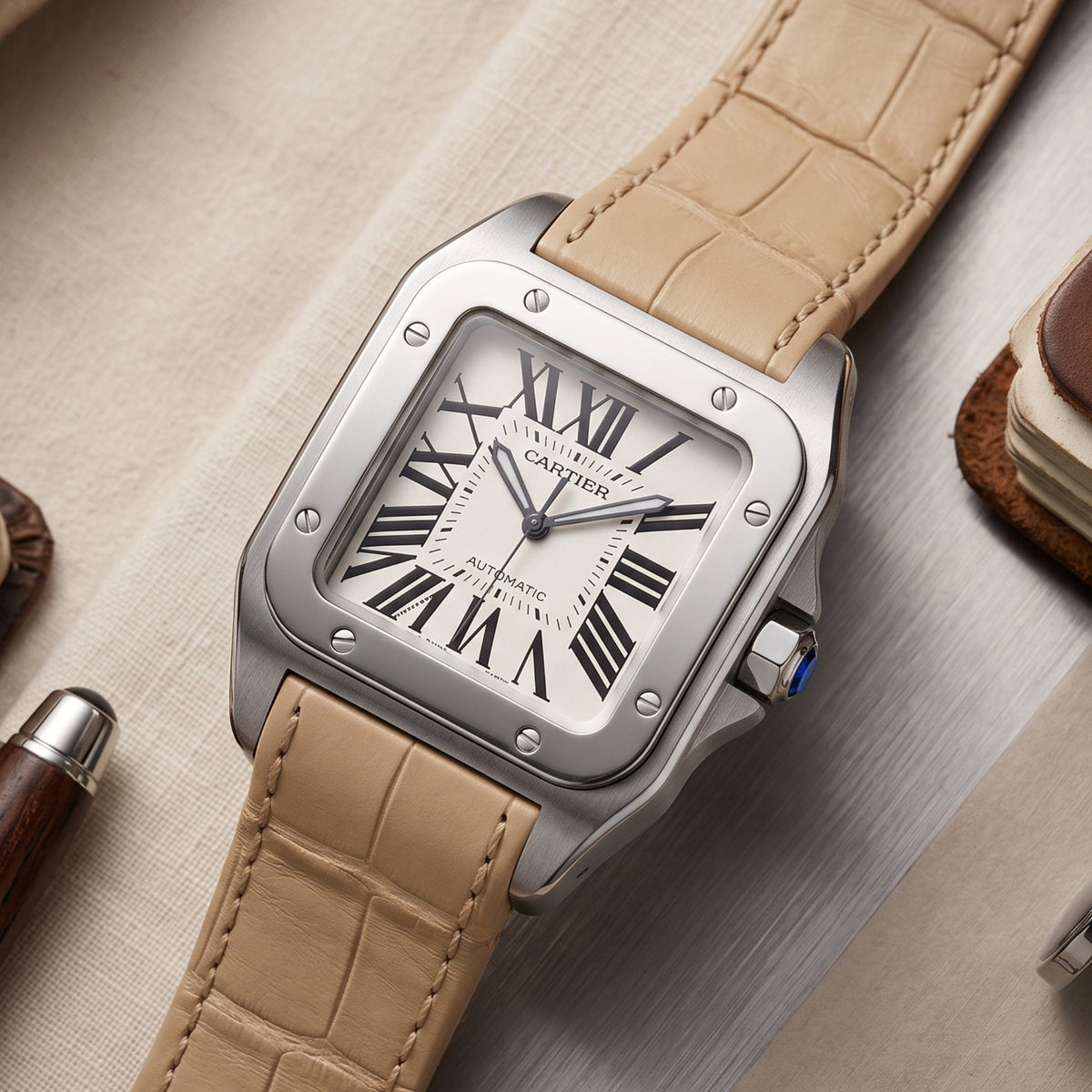 Leather Strap - For Cartier Santos 100 - Beige - Helvetus