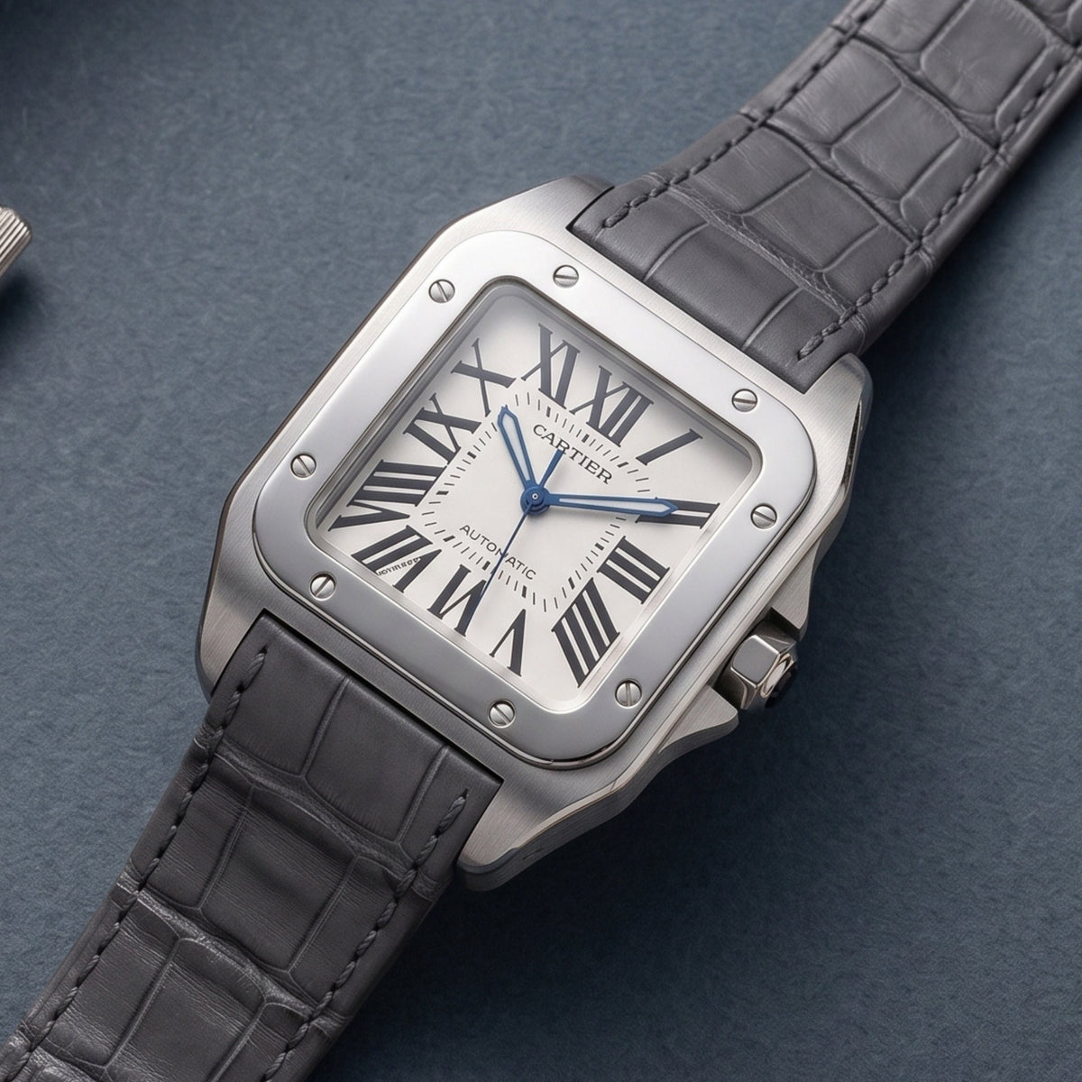 Leather Strap - For Cartier Santos 100 - Grey - Helvetus