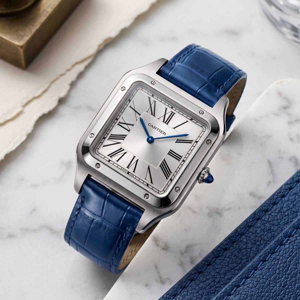 Leather Strap - For Cartier Santos Dumont - Blue - Helvetus