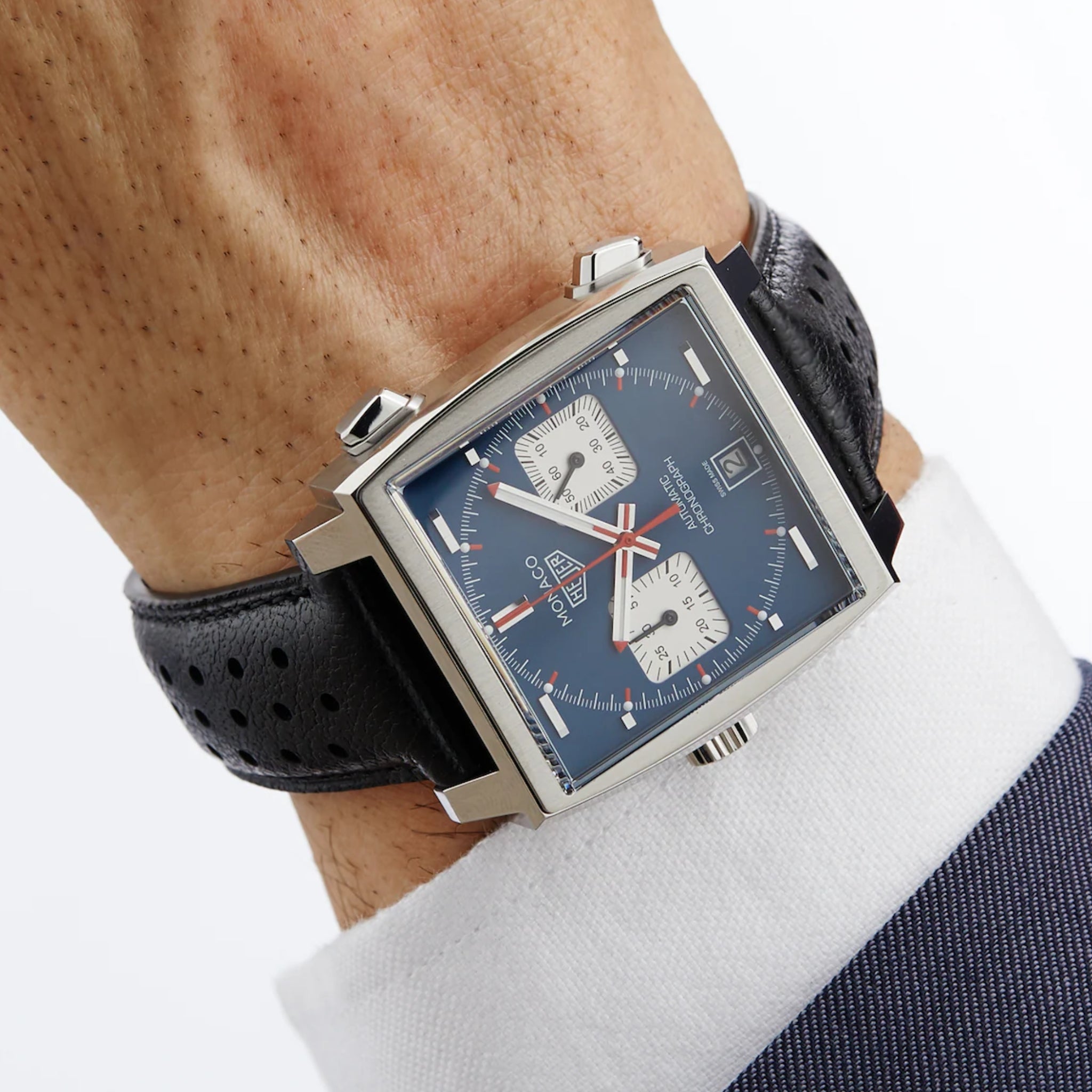 Leather Strap - For Tag Heuer Monaco - Black with small Holes - Helvetus