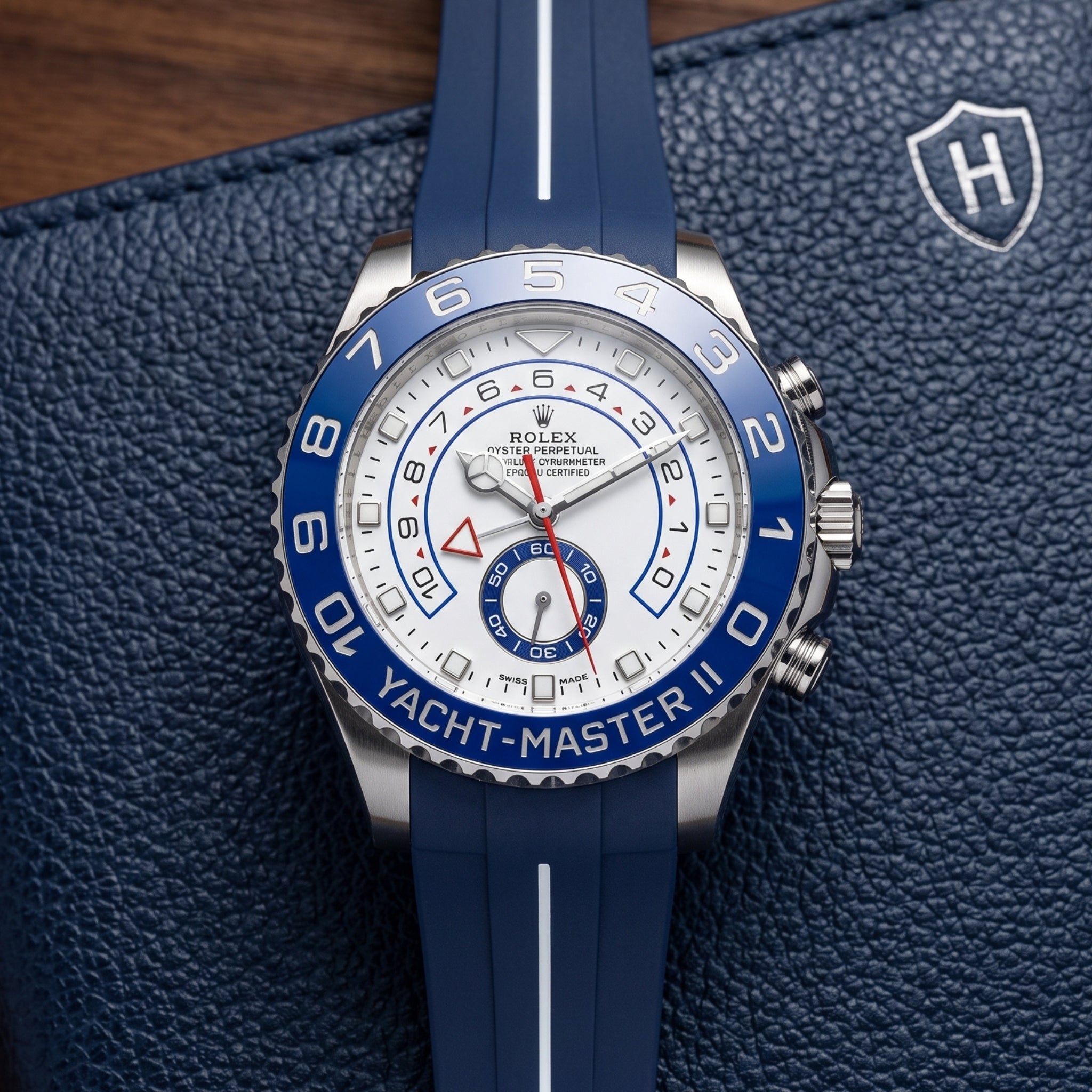 Rubber Strap - For Rolex Yacht-Master II 44mm - Navy Blue w/White Line | LuxLine®