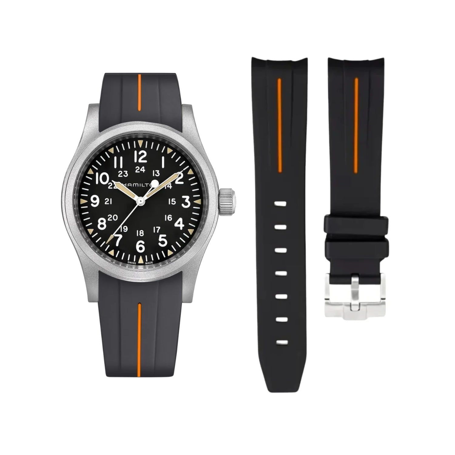 Rubber Strap – For Hamilton Khaki Field (38mm/40mm/42mm) - Black with Orange LuxLine® - Helvetus