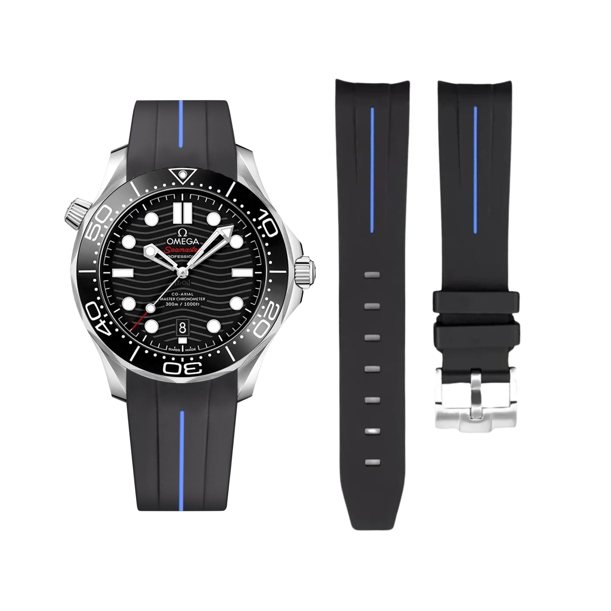 Rubber Strap - For Omega Seamaster 300 - Black/Blue | LuxLine® - Helvetus