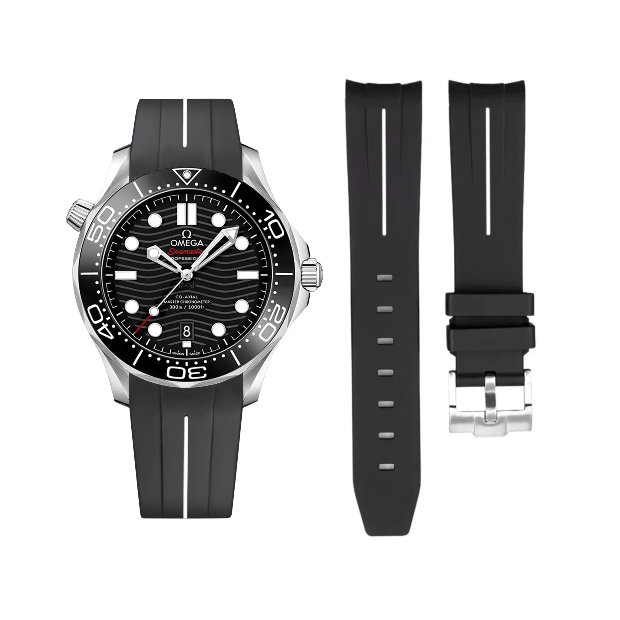 Rubber Strap - For Omega Seamaster 300 - Black/White | LuxLine® - Helvetus