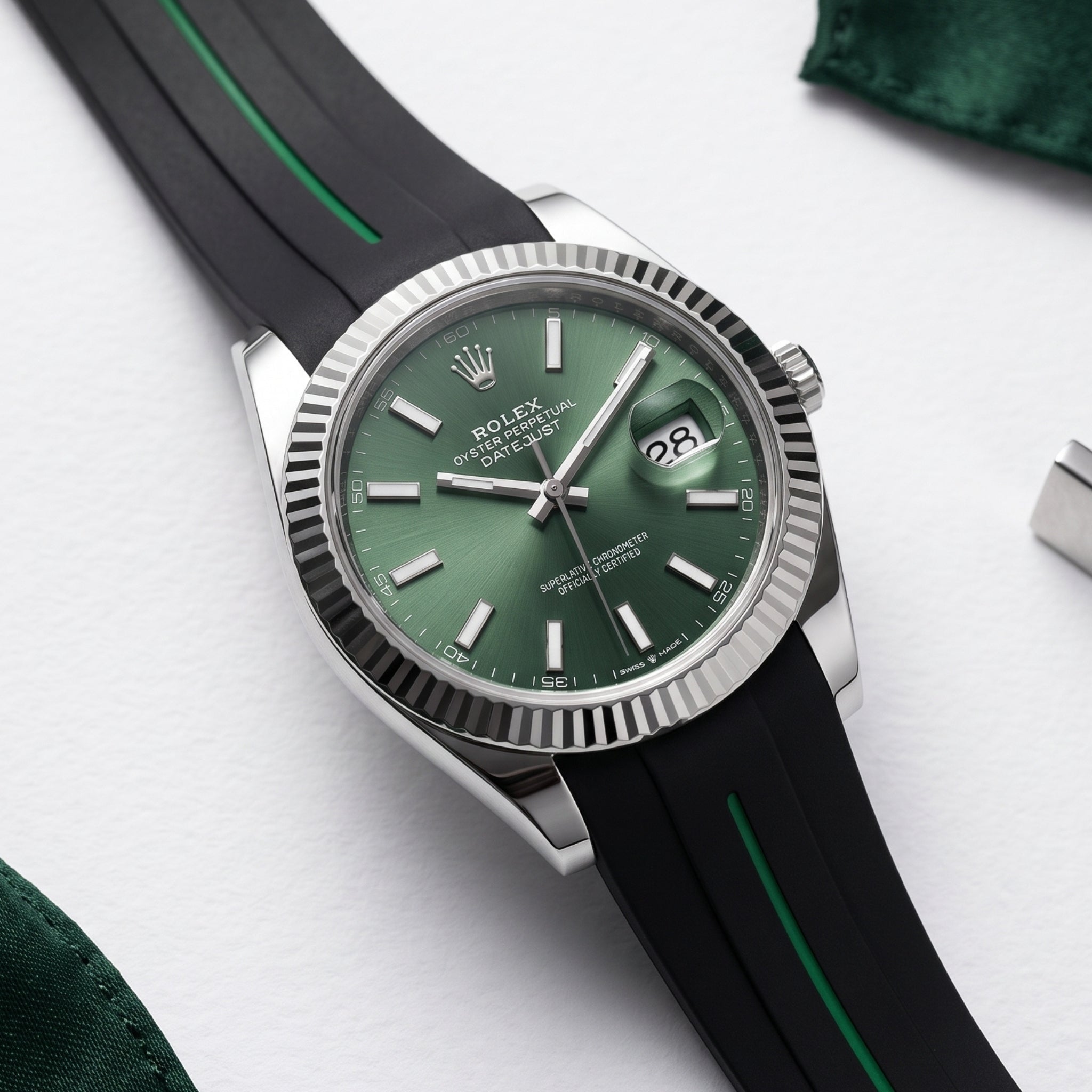 Rubber Strap - For Rolex Datejust 41mm - Black w/Green Line | LuxLine® - Helvetus