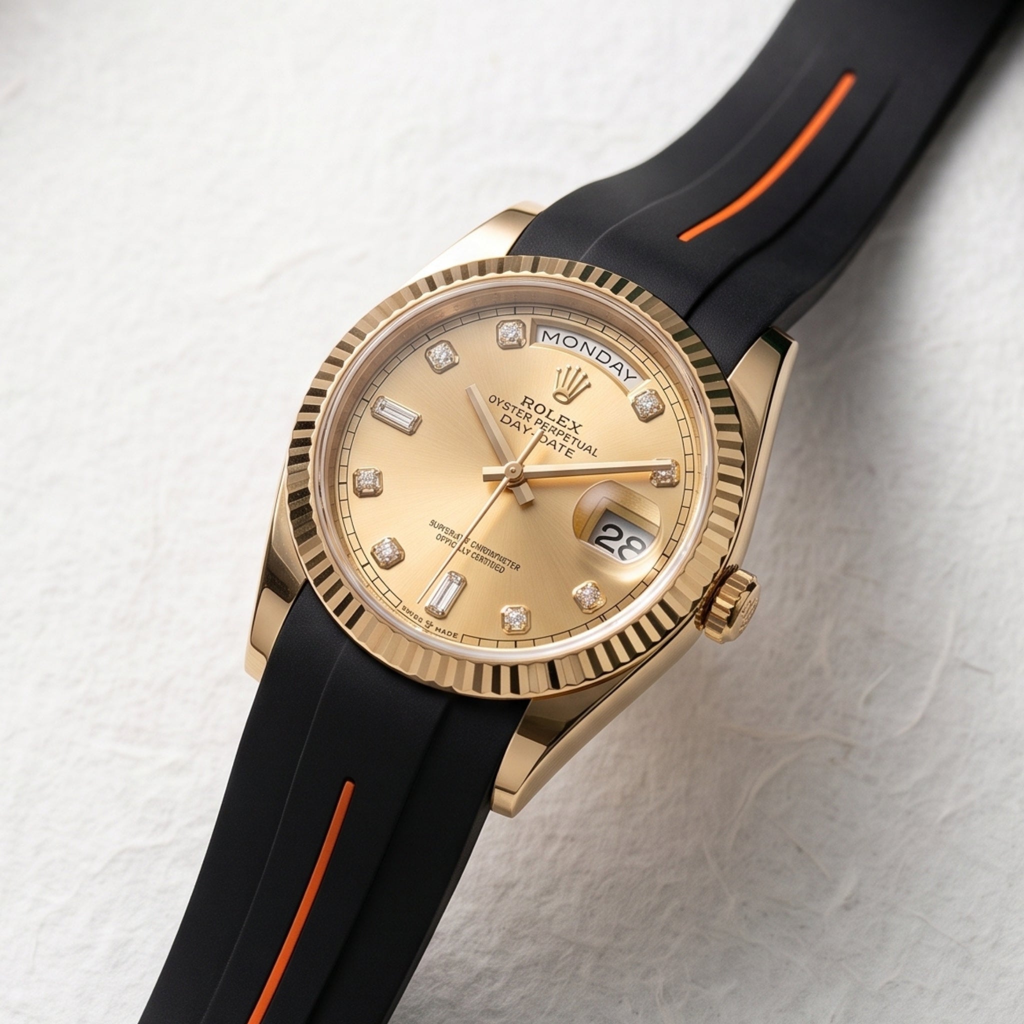Rubber Strap - For Rolex Day-Date 36mm - Black w/Orange Line | LuxLine® - Helvetus