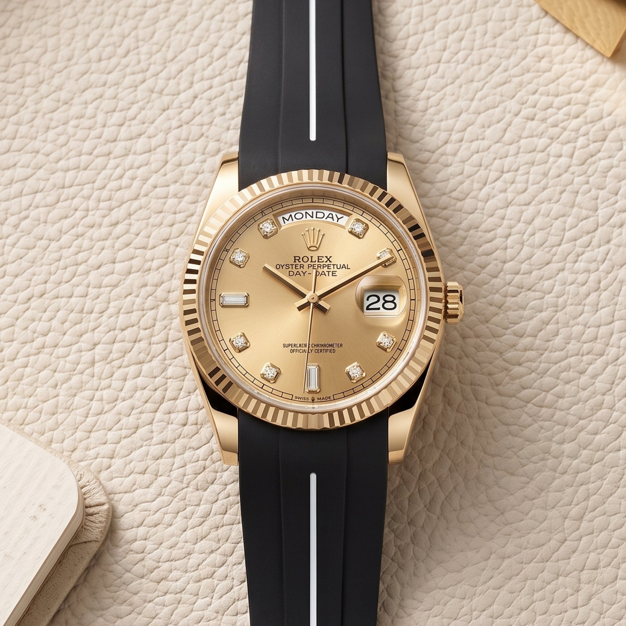 Rubber Strap - For Rolex Day-Date 36mm - Black w/White Line | LuxLine® - Helvetus