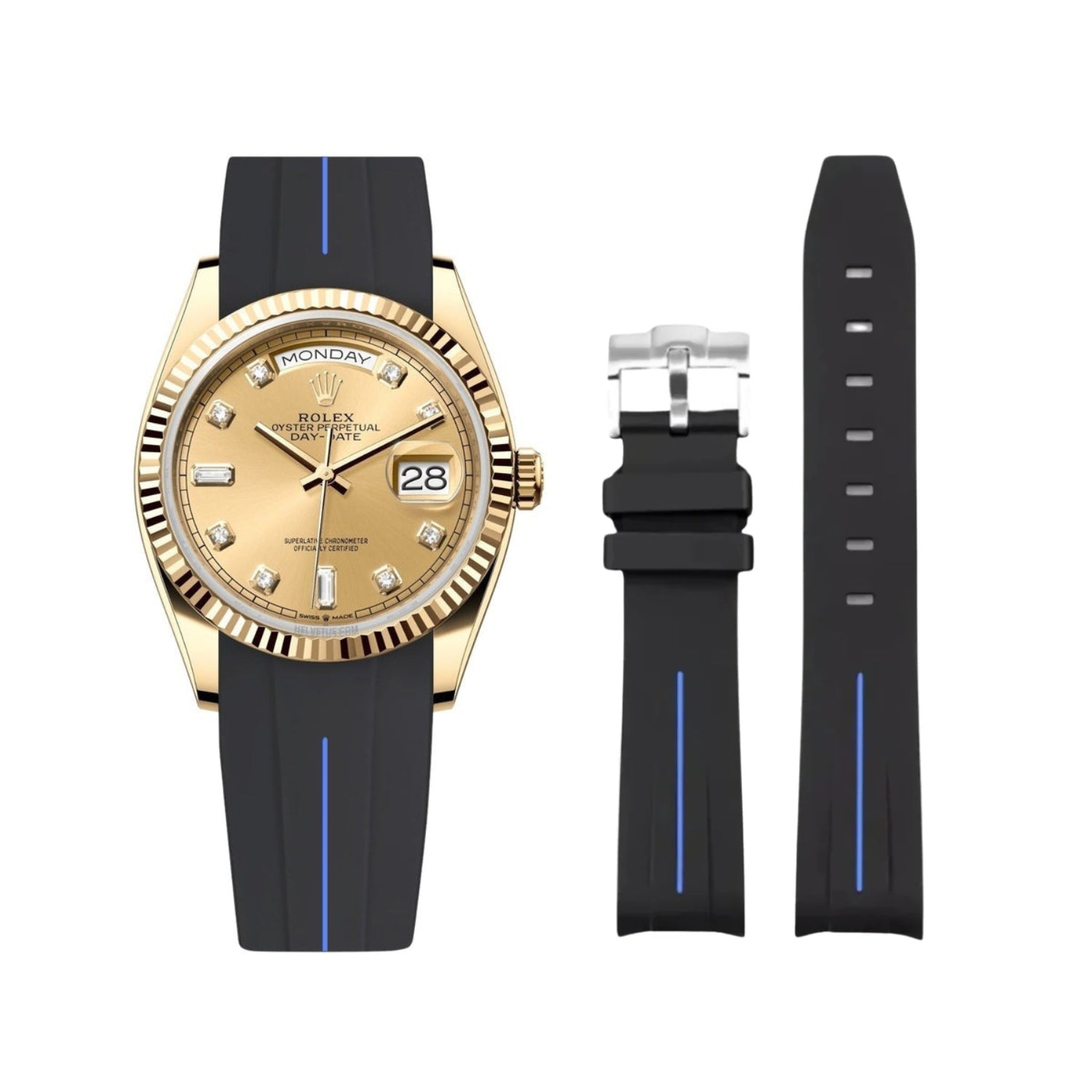 Rubber Strap - For Rolex Day - Date 40 - Black w/Blue Line | LuxLine® - Helvetus