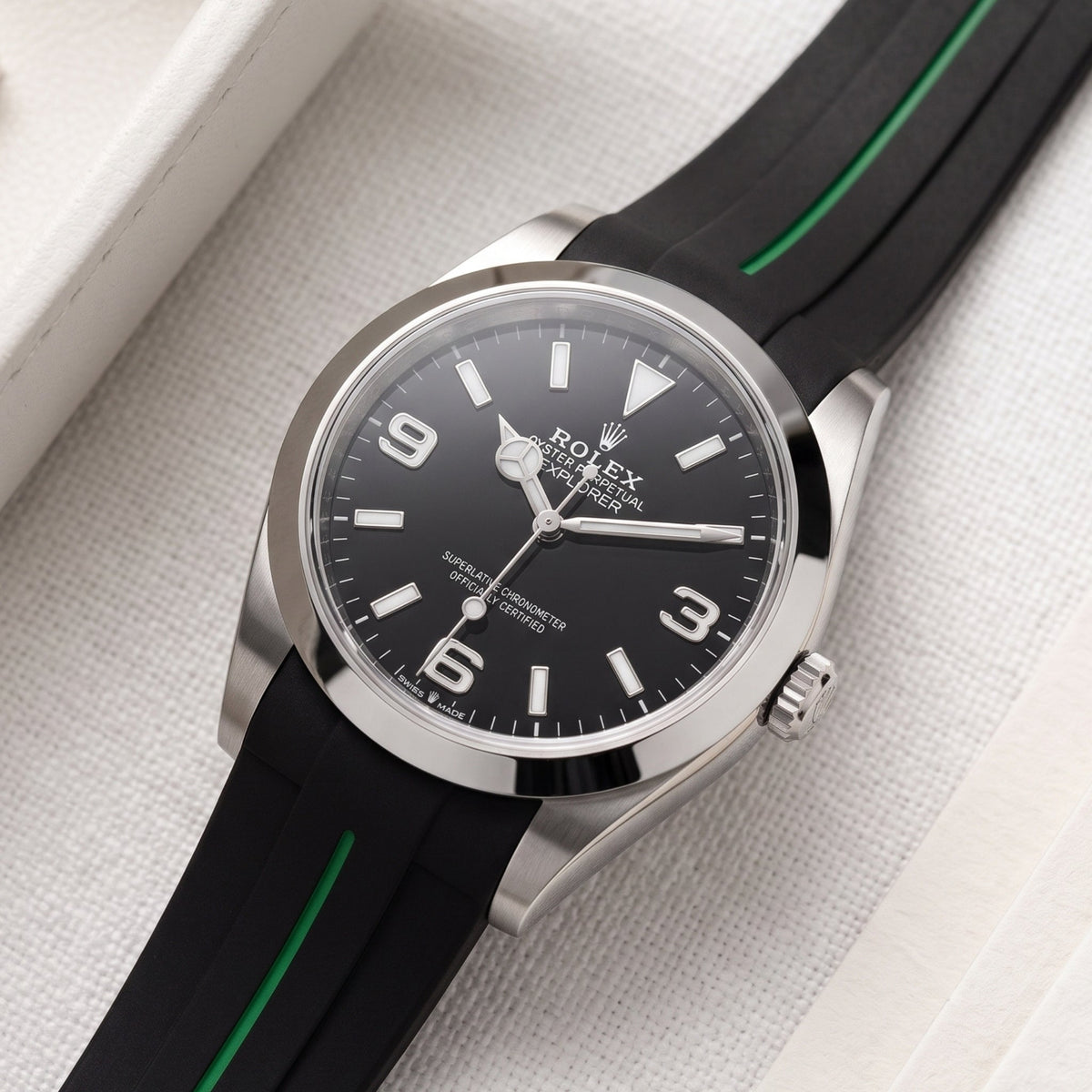 Rubber Strap - For Rolex Explorer I - Black w/Green Line | LuxLine® - Helvetus
