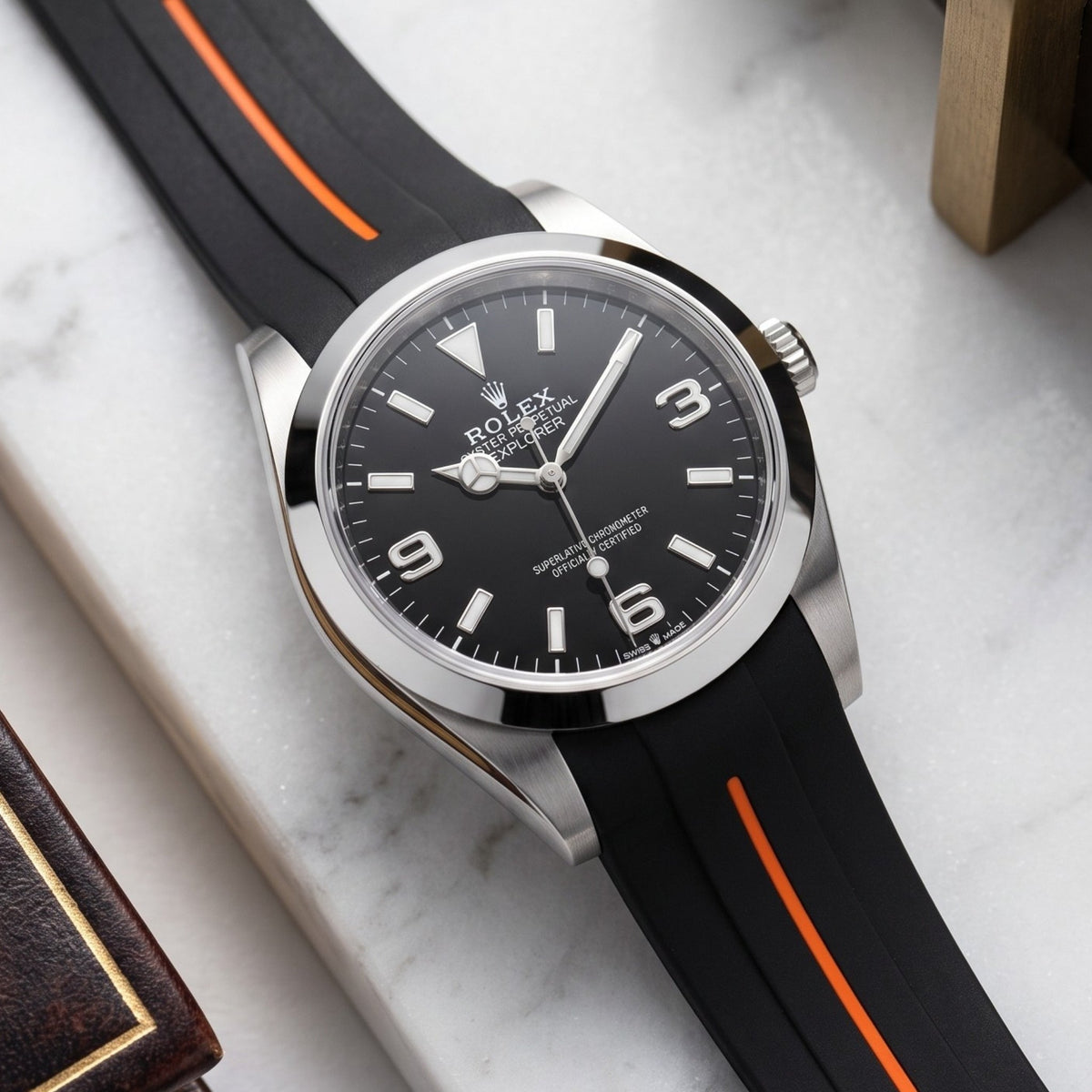 Rubber Strap - For Rolex Explorer I - Black w/Orange Line | LuxLine® - Helvetus