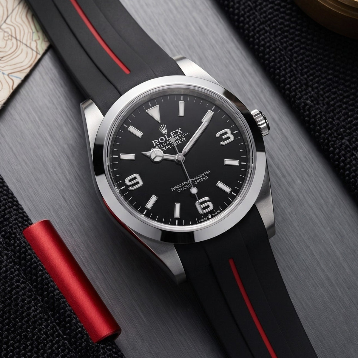 Rubber Strap - For Rolex Explorer I - Black w/Red Line | LuxLine® - Helvetus