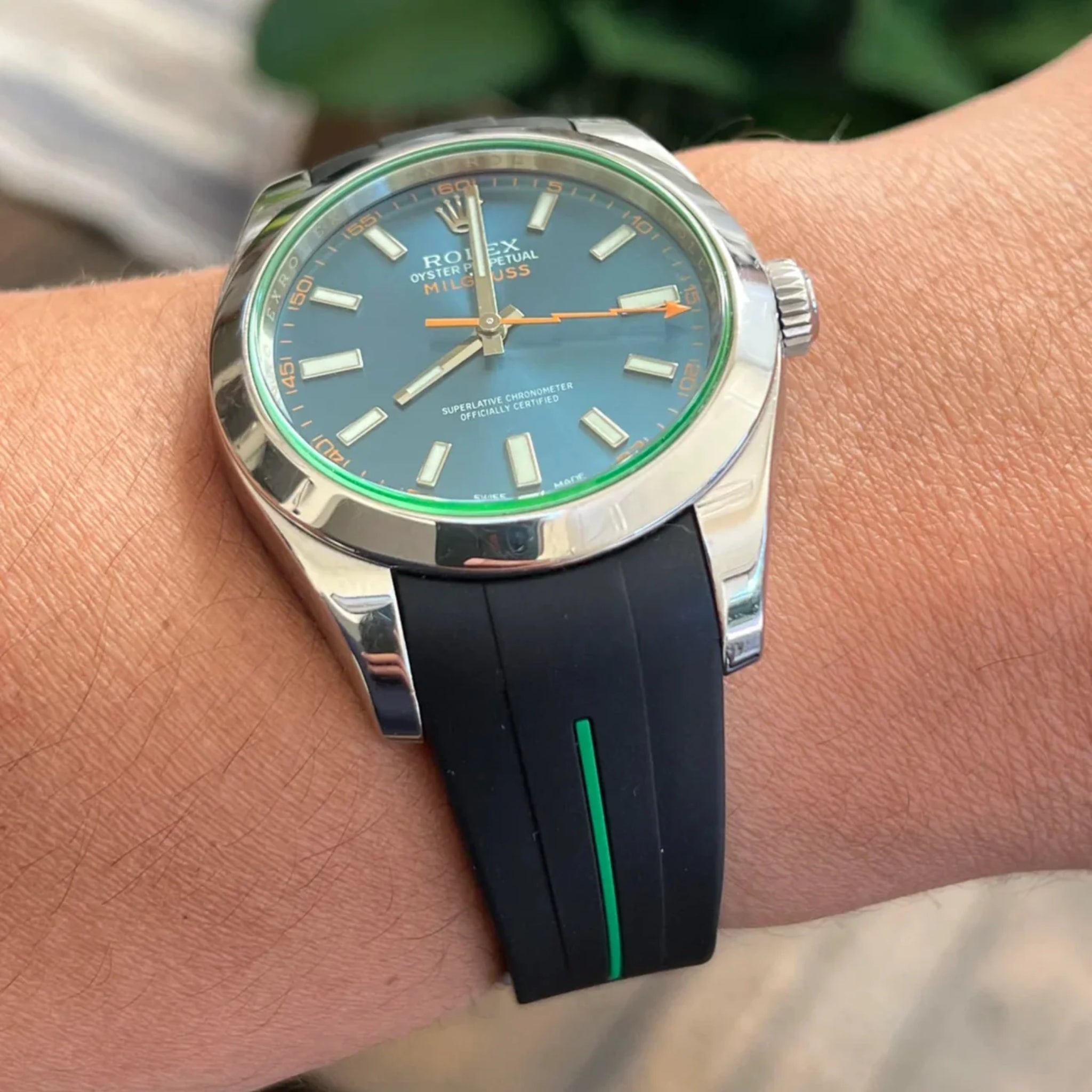 Rubber Strap - For Rolex Milgauss - Black w/Green Line | LuxLine® - Helvetus
