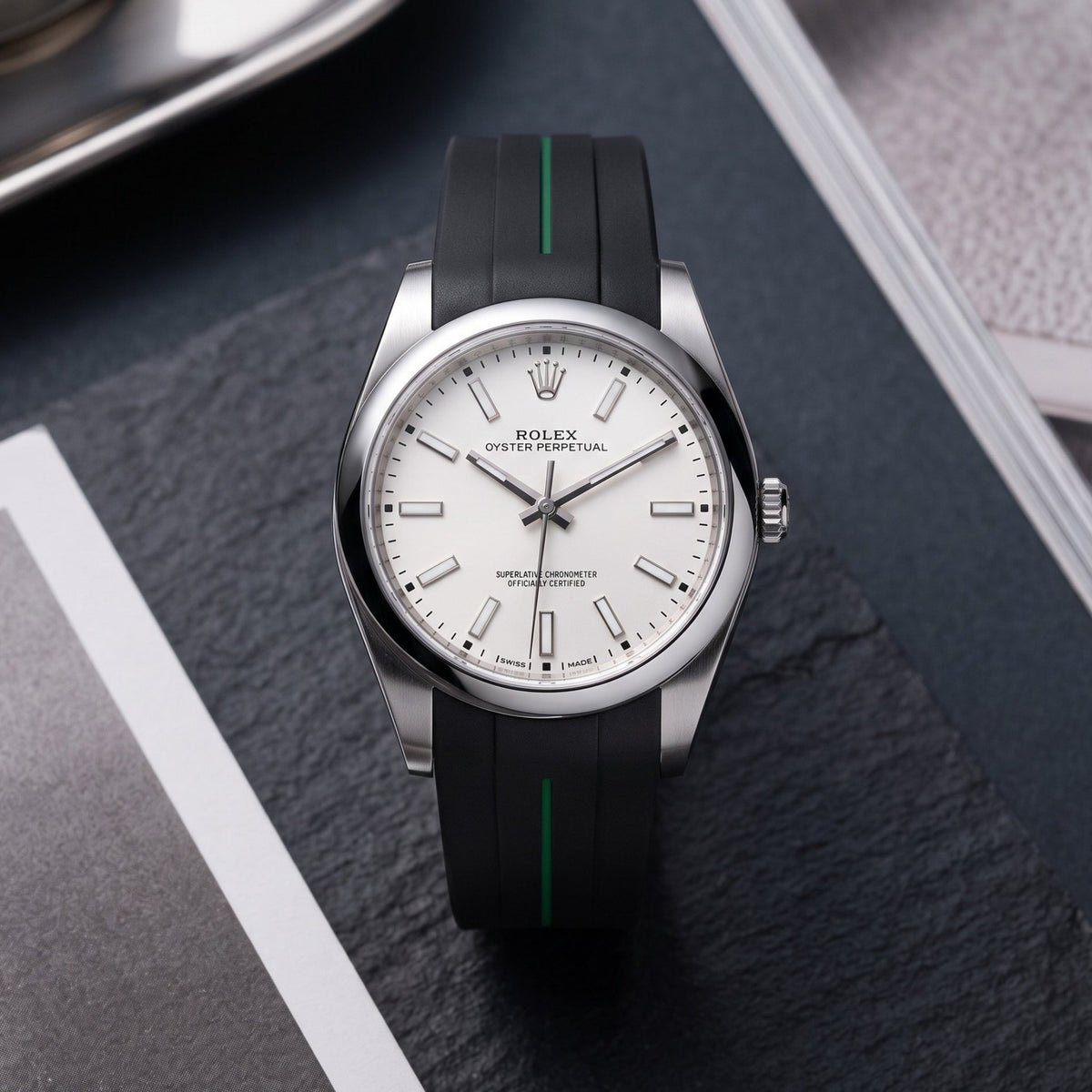 Rubber Strap - For Rolex Oyster Perpetual 39mm - Black w/Green Line | LuxLine® - Helvetus