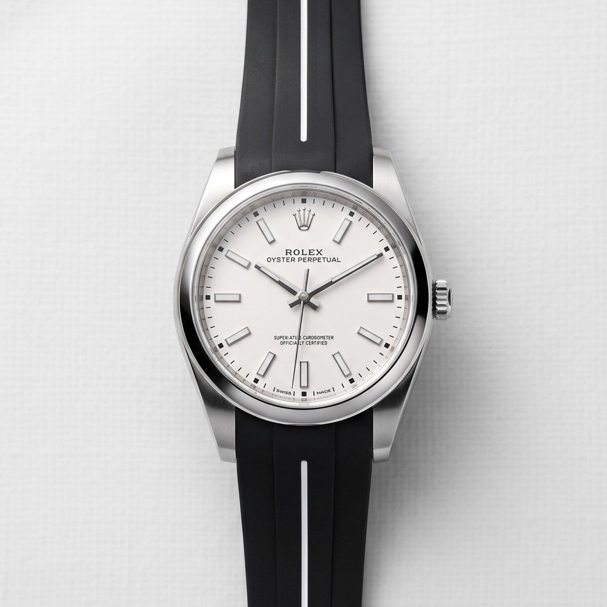 Rubber Strap - For Rolex Oyster Perpetual 39mm - Black w/White Line | LuxLine® - Helvetus