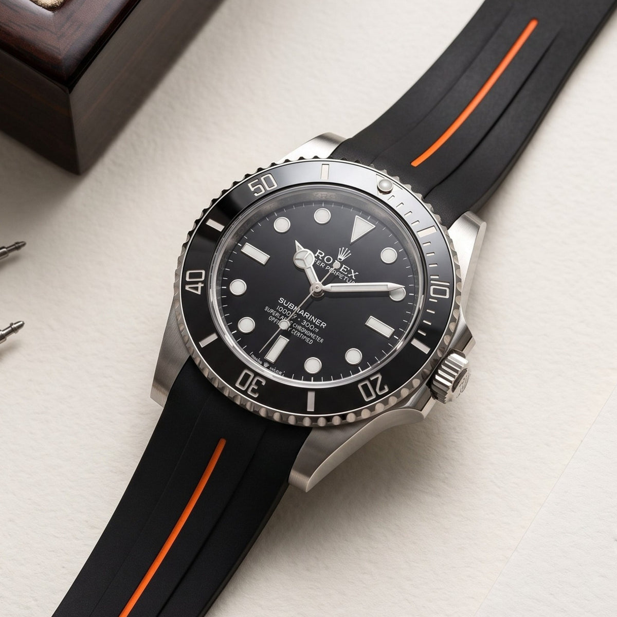 Rubber Strap - For Rolex Submariner - Black w/Orange Line | LuxLine® - Helvetus