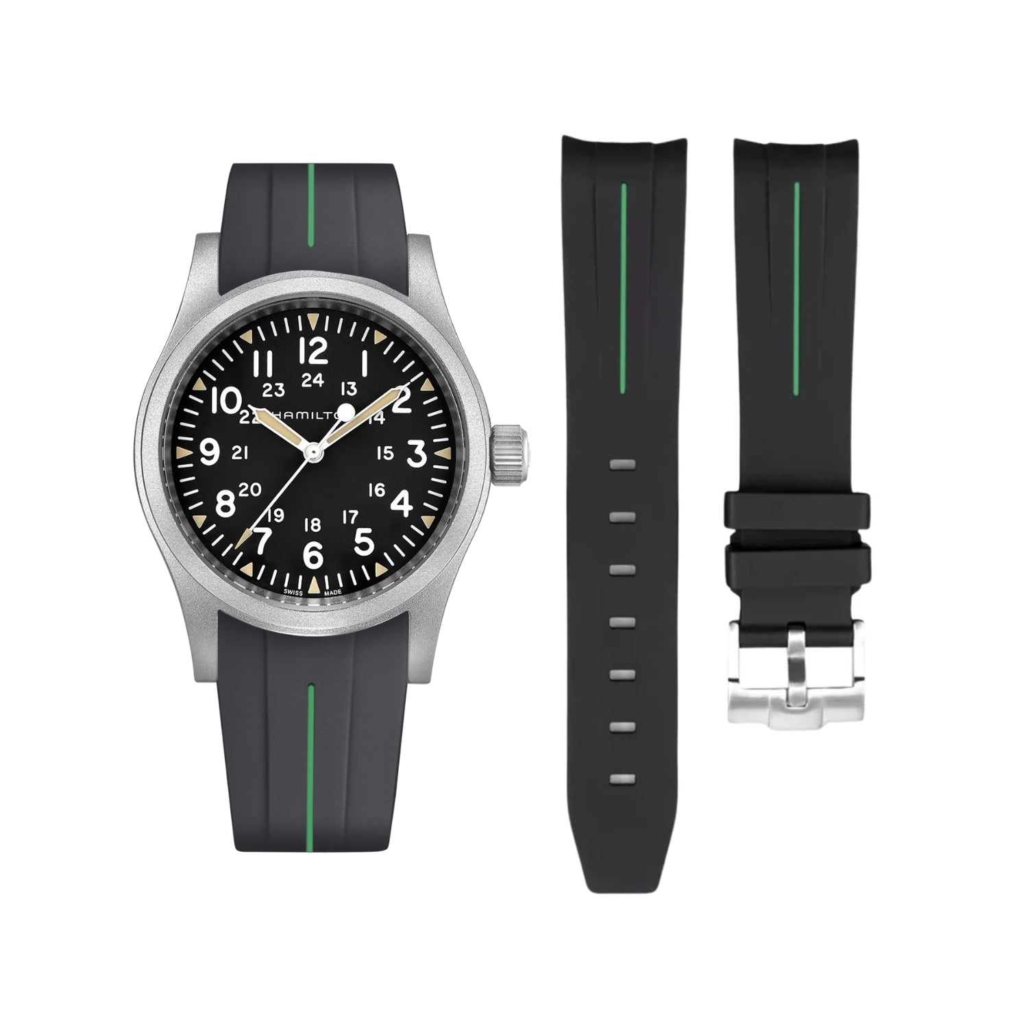 Rubber Strap – For Hamilton Khaki Field - Black with Green LuxLine®