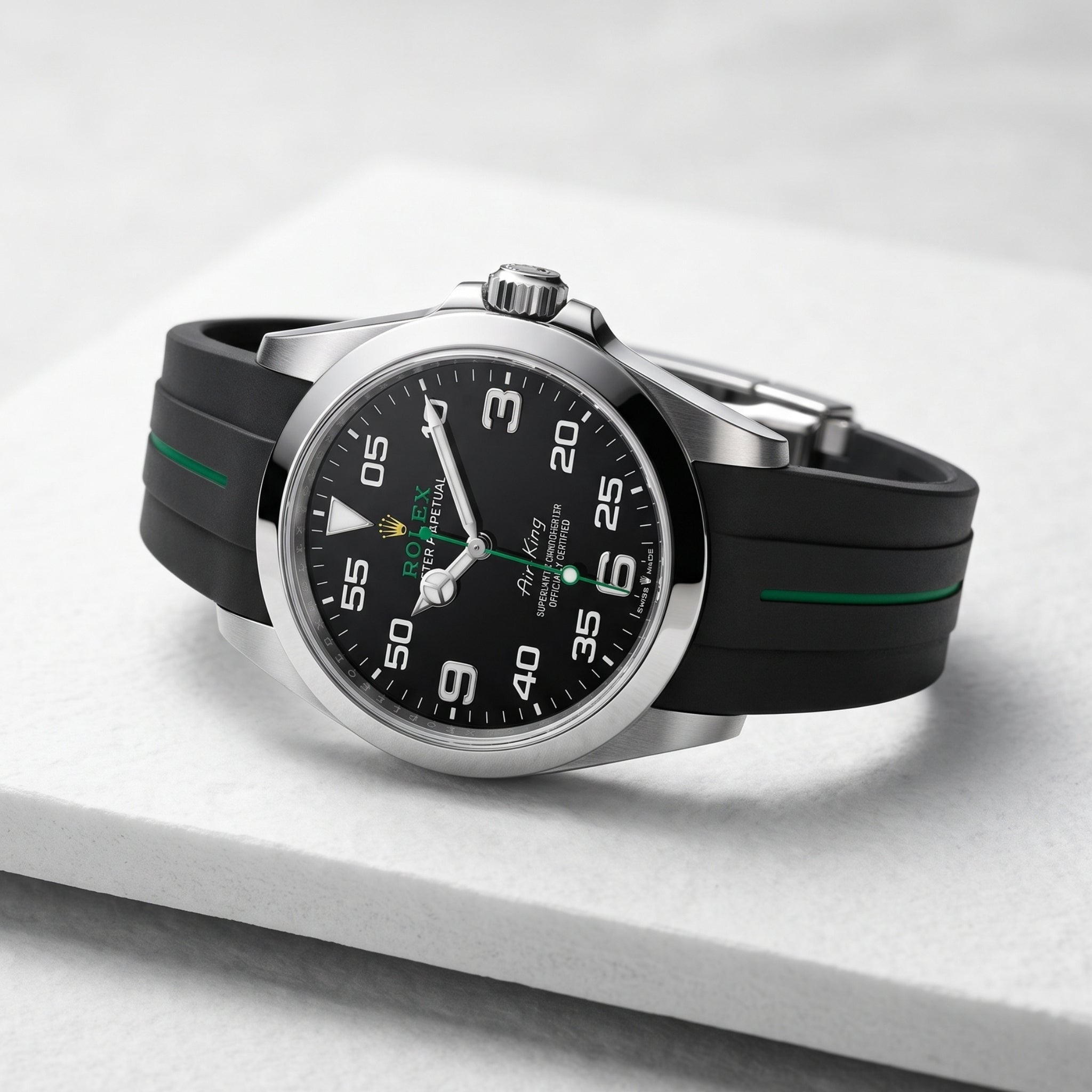 Deployant Rubber Strap - For Rolex Air-King 126900/116900 - Black/Green | LuxLine® - Helvetus