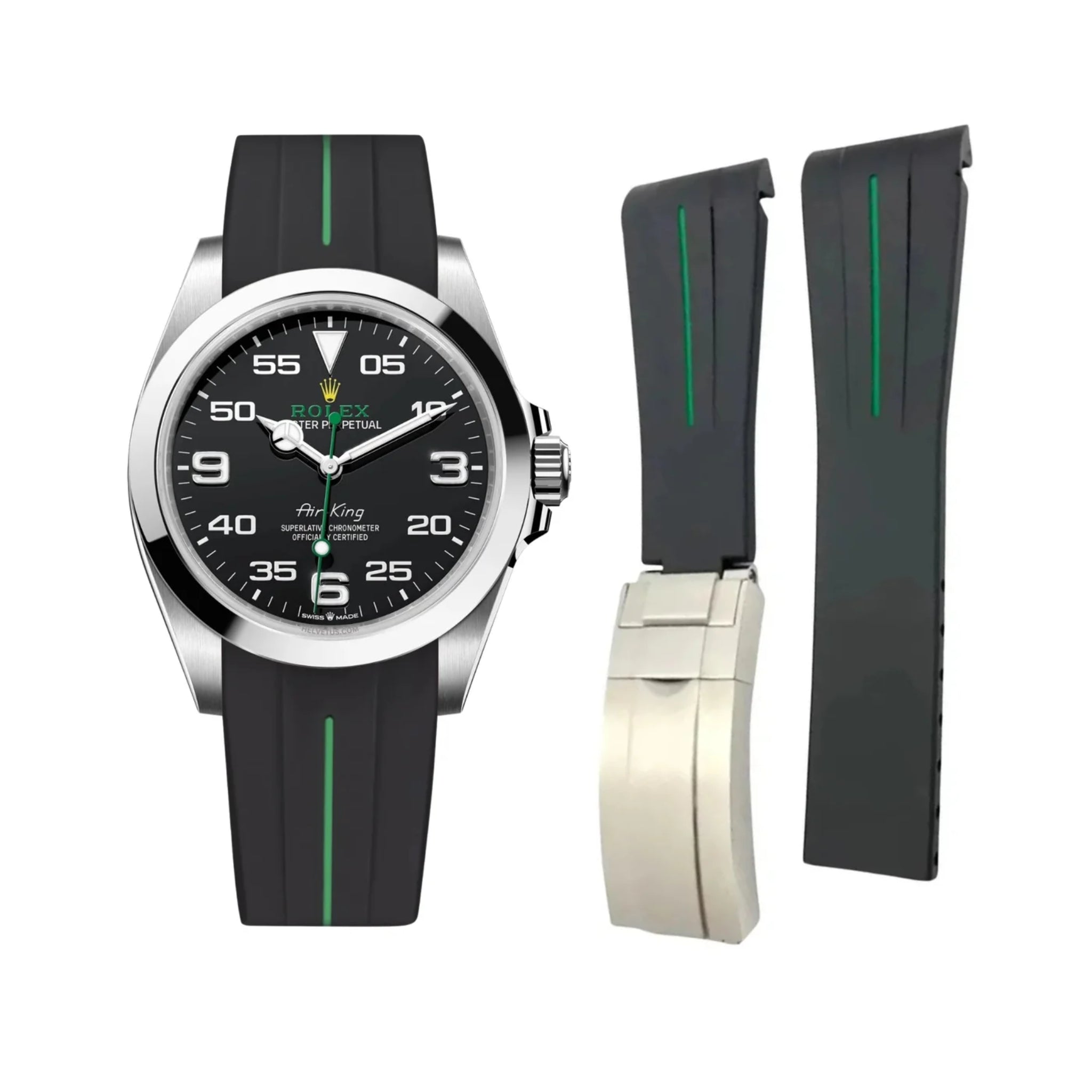 Deployant Rubber Strap - For Rolex Air - King 126900/116900 - Black/Green | LuxLine® - Helvetus