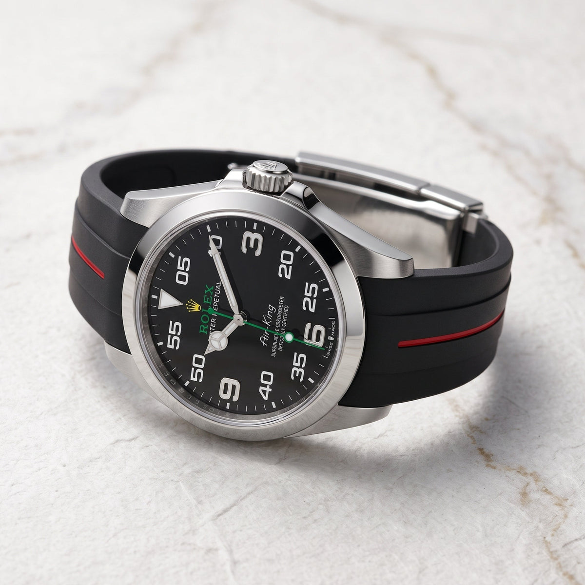 Deployant Rubber Strap - For Rolex Air-King 126900/116900 - Black/Red | LuxLine® - Helvetus