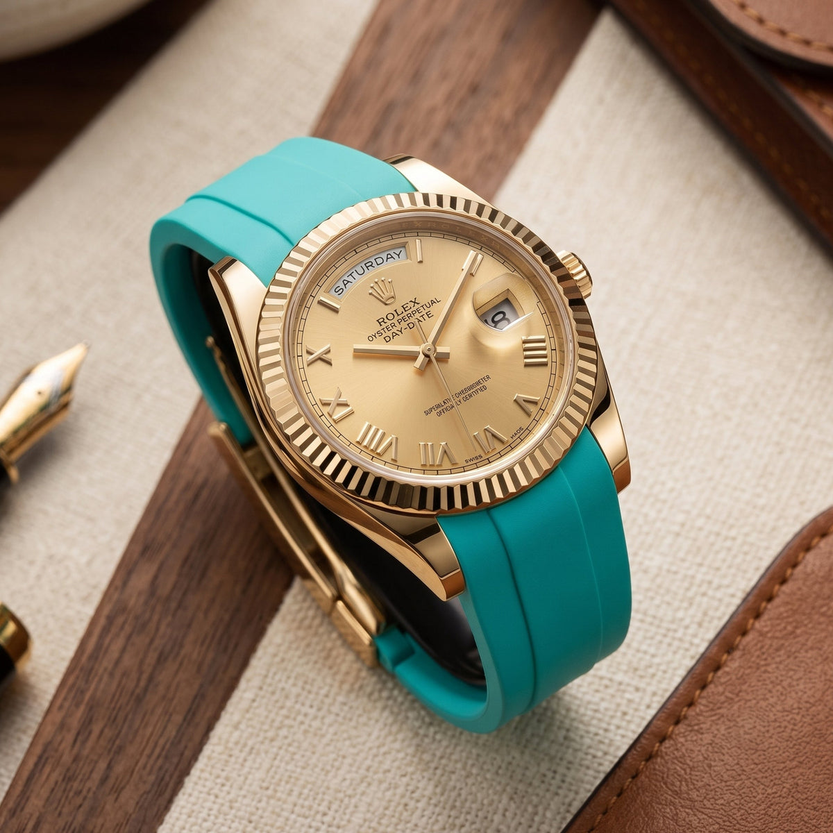 Deployant Rubber Strap - For Rolex Day-Date II 41mm - Turquoise - Helvetus