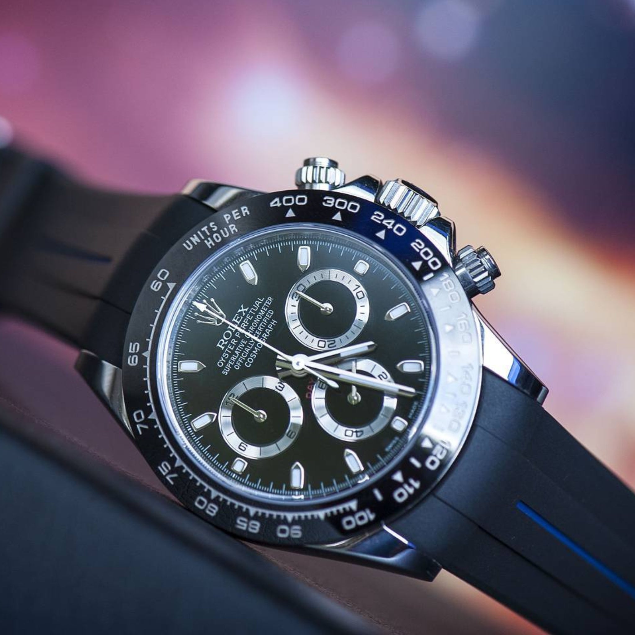 Deployant Rubber Strap - For Rolex Daytona - Black w/Blue Line | LuxLine® - Helvetus